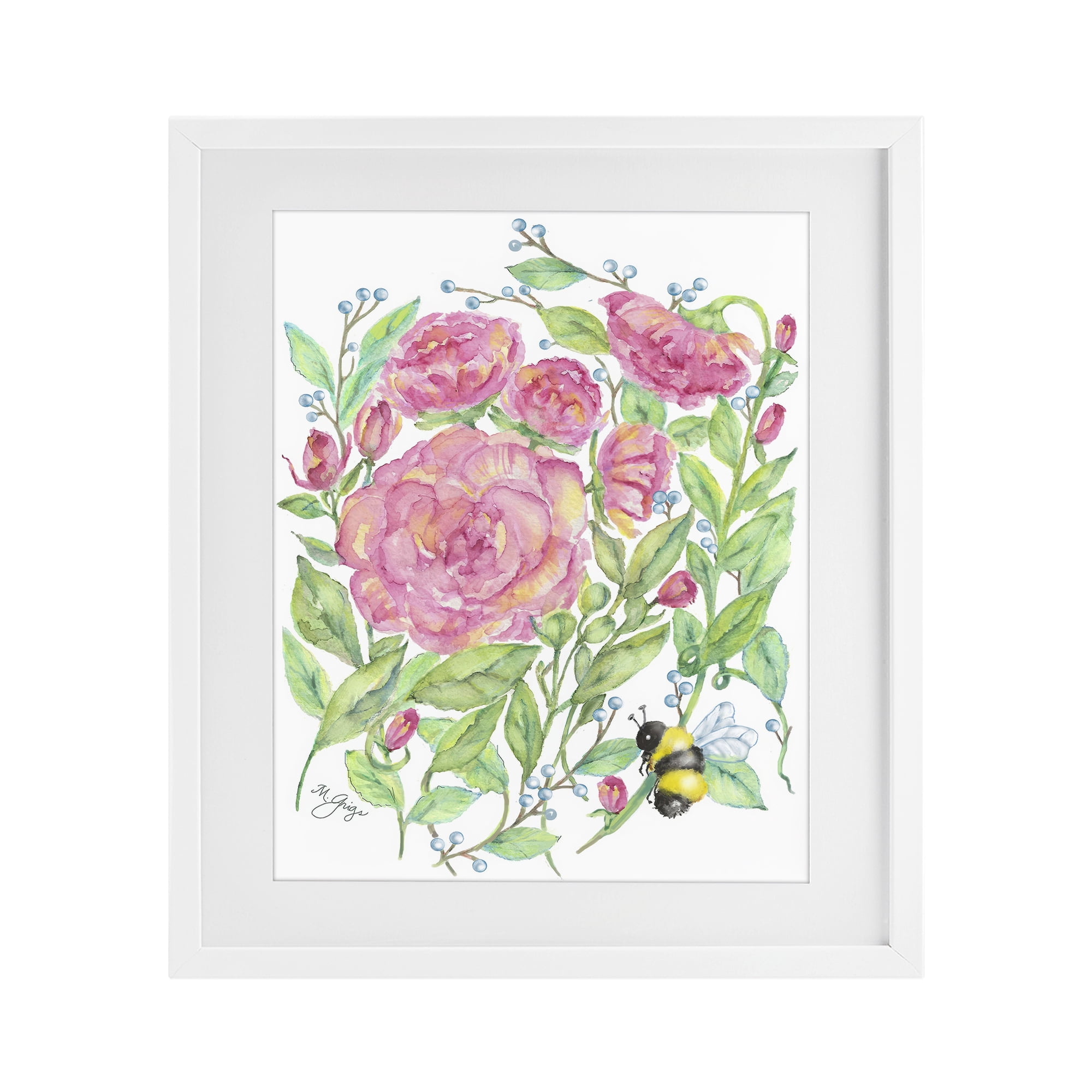 Stupell Industries Peony & Bumble Bee White Framed Print Under Glass, design by Maureen Grigs
