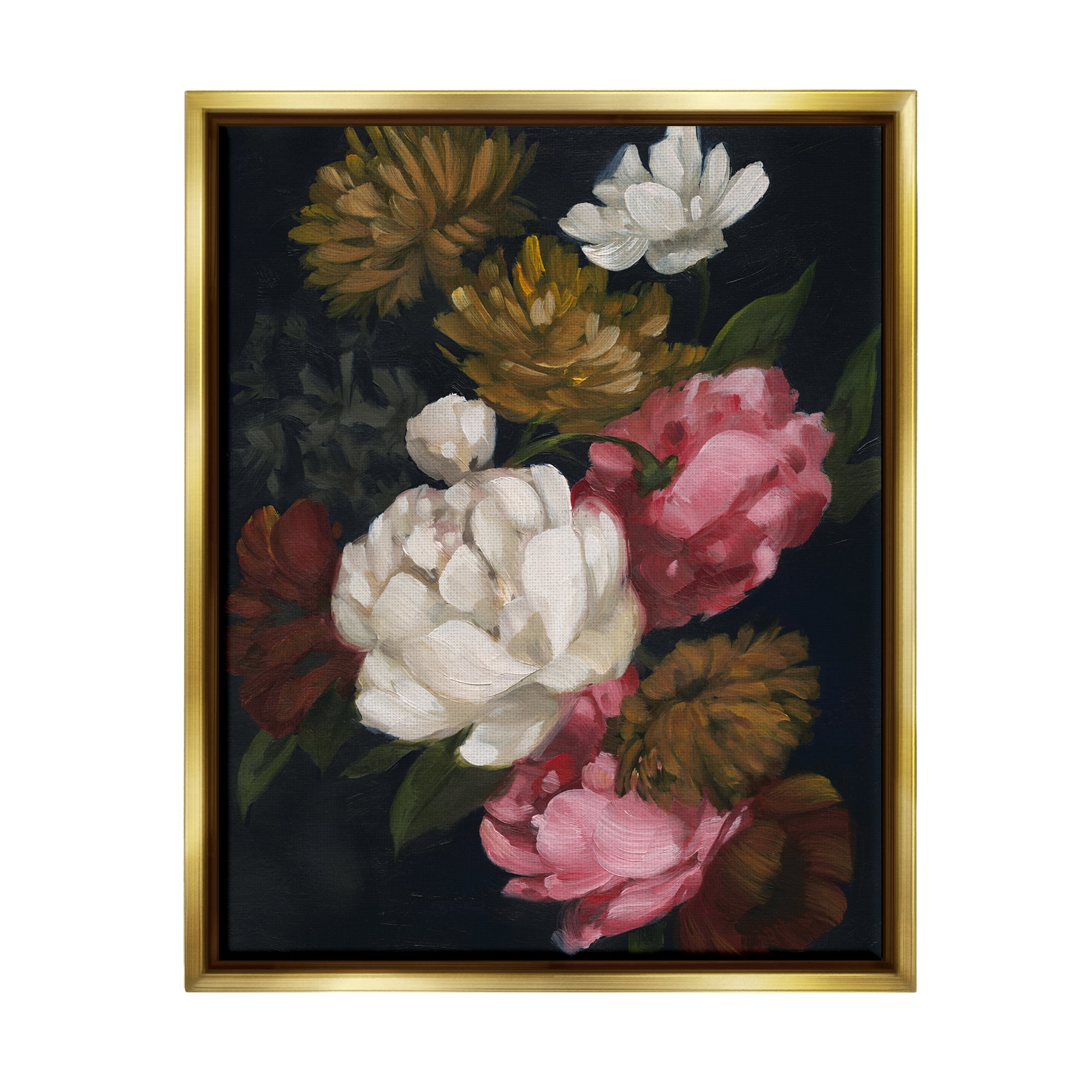 Stupell Industries Peony Flower Arrangement Botanical & Floral Painting Gold Floater Framed Canvas Art Print Wall Art, 17 x 21