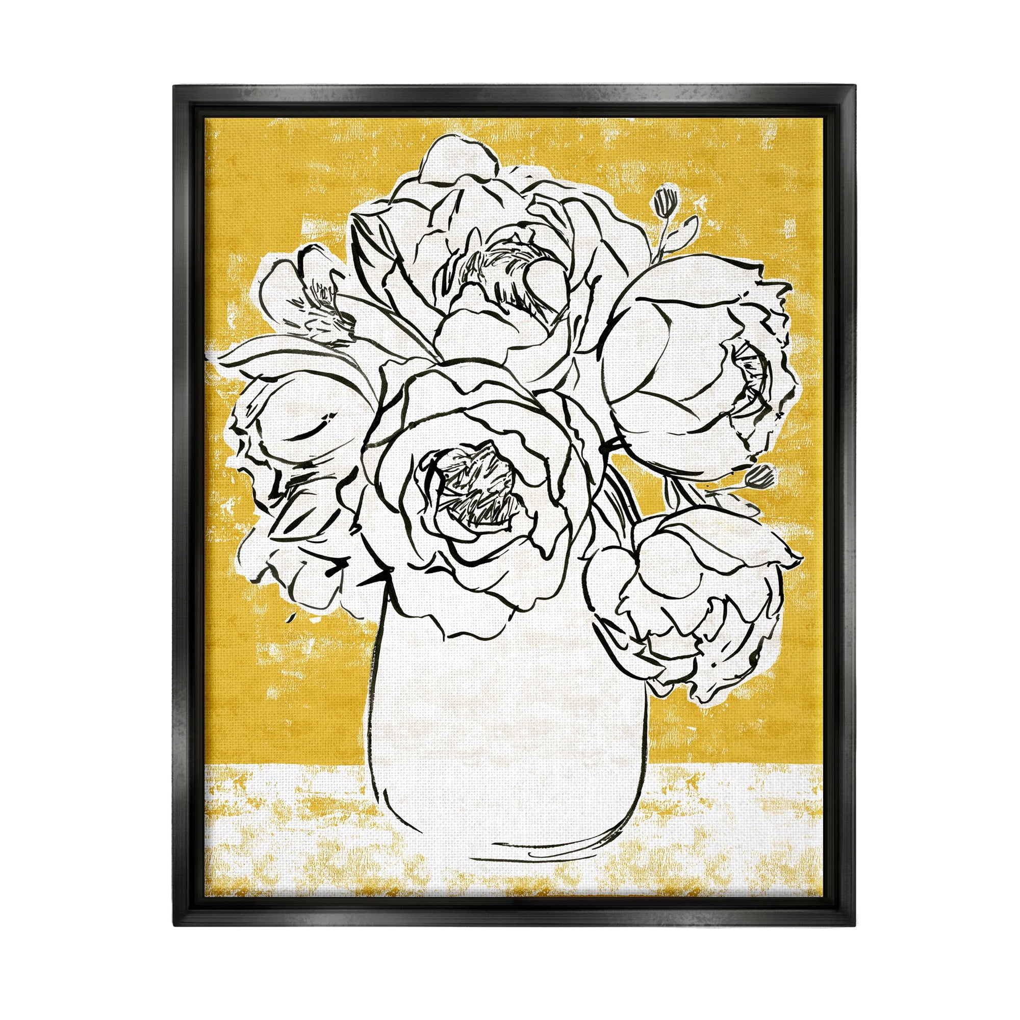 Stupell Industries Peony Sketch Bouquet Contrasted Distressed Yellow Jet Black Framed Floating Canvas Wall Art, 24x30, by Annie Warren