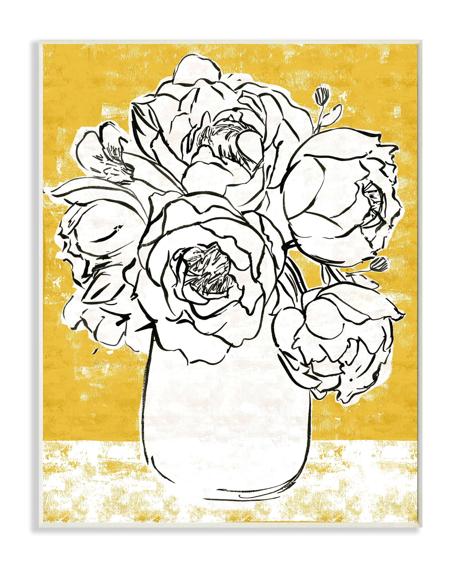 Stupell Industries Peony Sketch Bouquet Contrasted Distressed Yellow Wall Plaque, 10 x 15, Design by Annie Warren