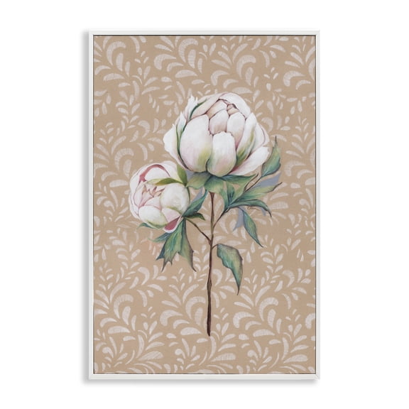 Peony Sprouts over Leaf Pattern White Framed Giclee Art, 20 x 30, Made In USA
