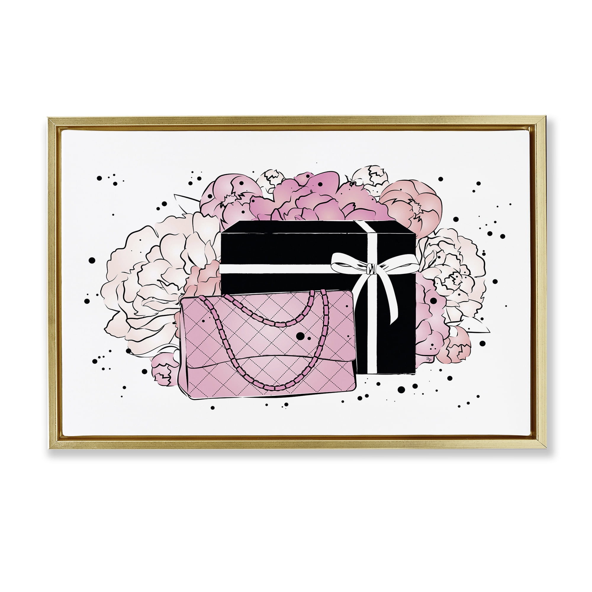 Stupell Industries Peony Swathed Handbags Fashion Painting Gold Floater Framed Canvas Art Print Wall Art, 31 x 21