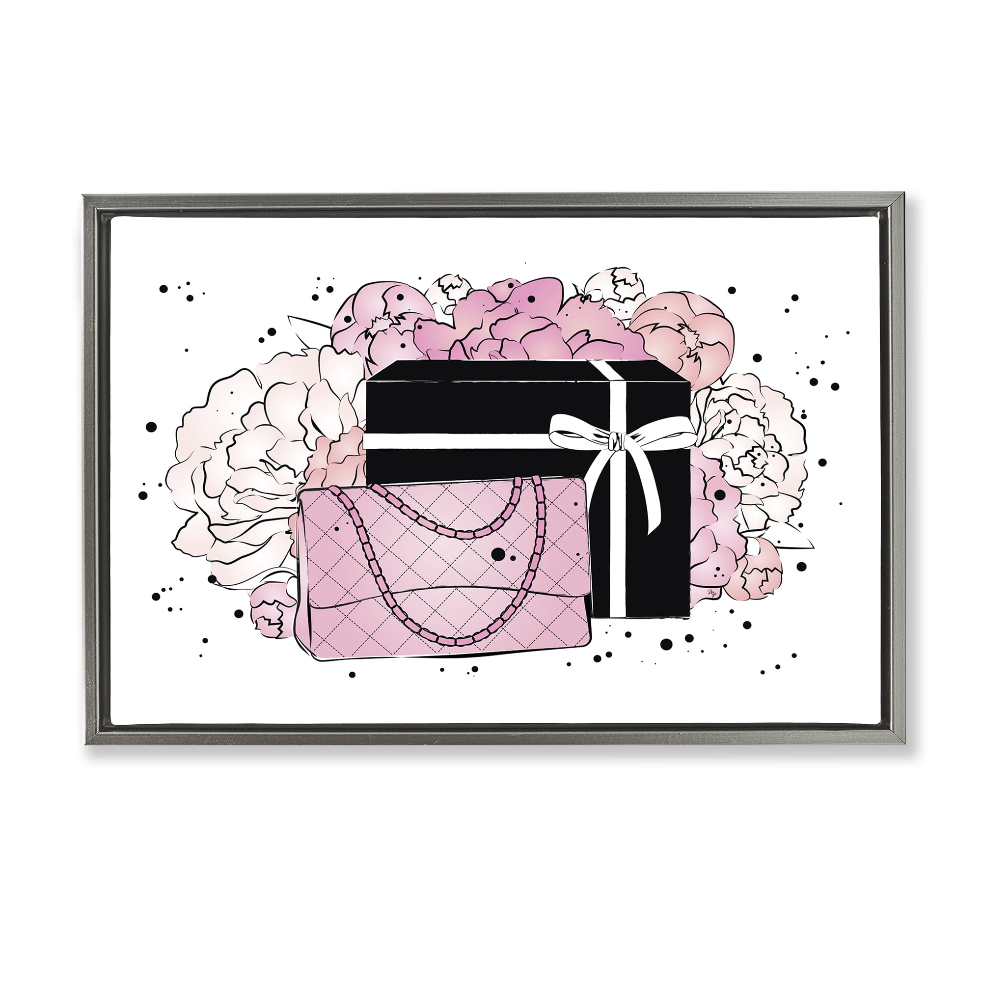 Stupell Industries Peony Swathed Handbags Fashion Painting Gray Floater Framed Canvas Art Print Wall Art, 31 x 21