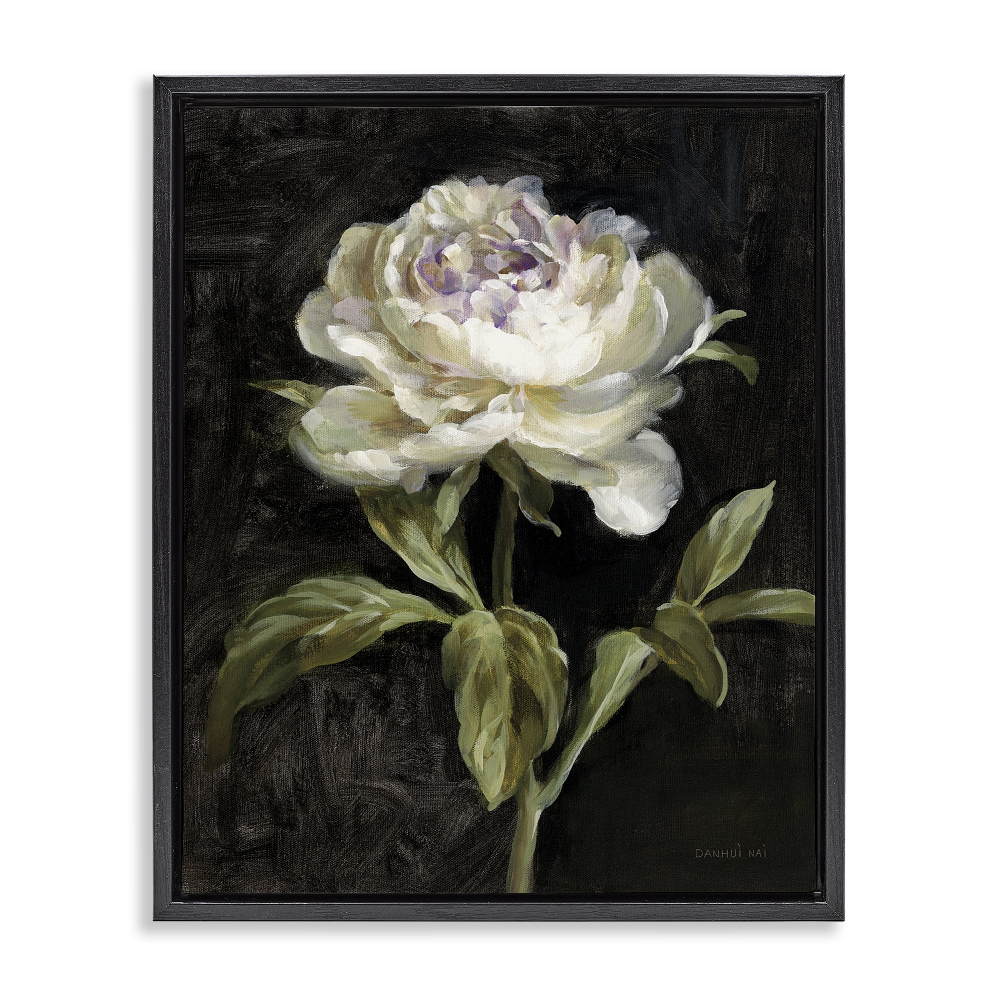 Stupell Industries Peony on Black Plants & Flowers Painting Black Floater Framed Canvas Art Print Wall Art, 25 x 31
