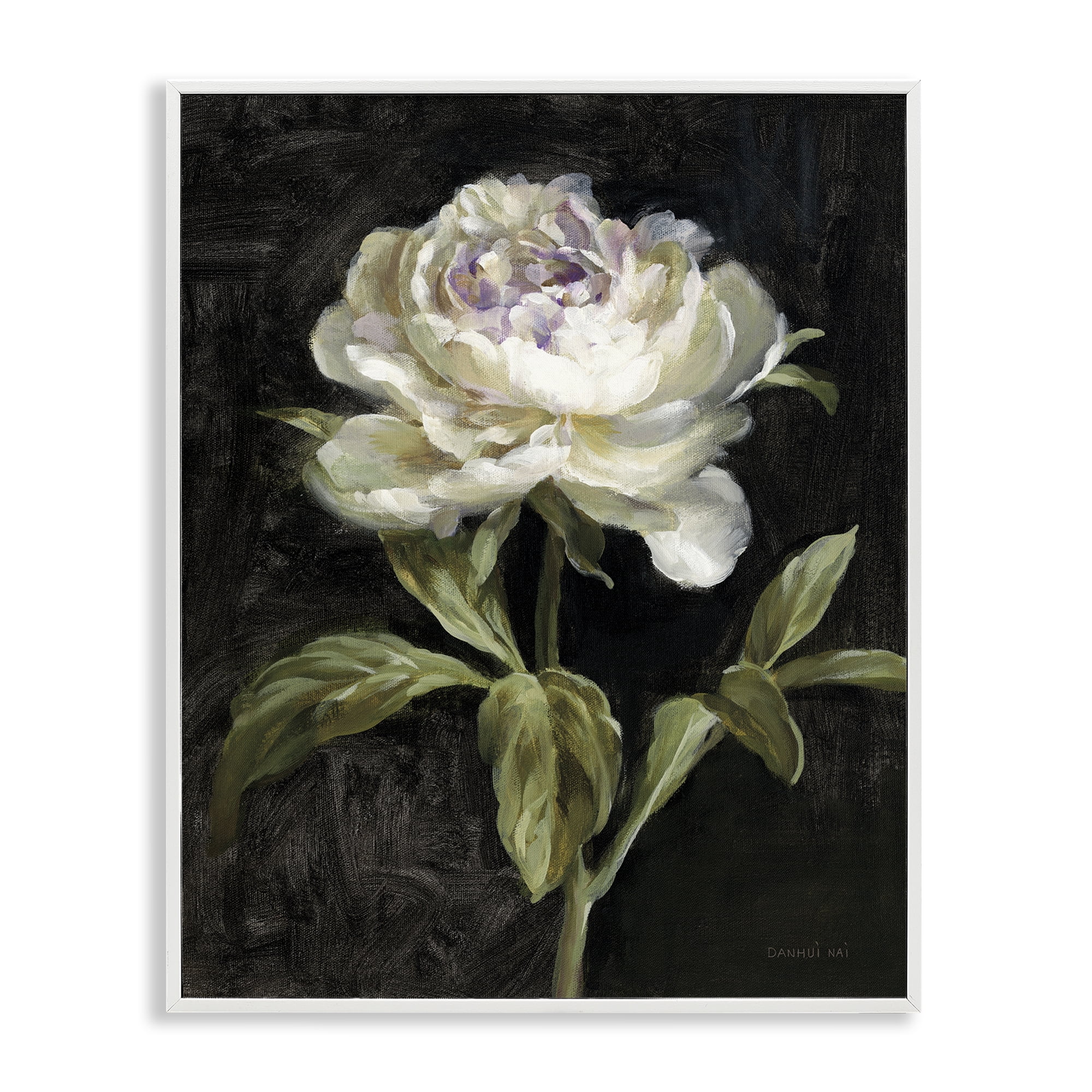 Stupell Industries Peony on Black Plants & Flowers Painting White Framed Art Print Wall Art, 16 x 20