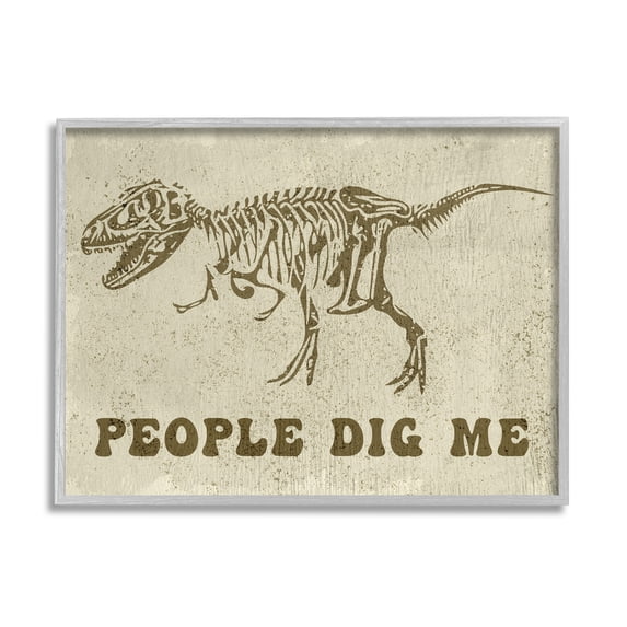 Stupell Industries People Dig Me Funny Phrase T-Rex Dinosaur Skeleton Animals & Insects Painting Gray Framed Art Print Wall Art, 11 x 14