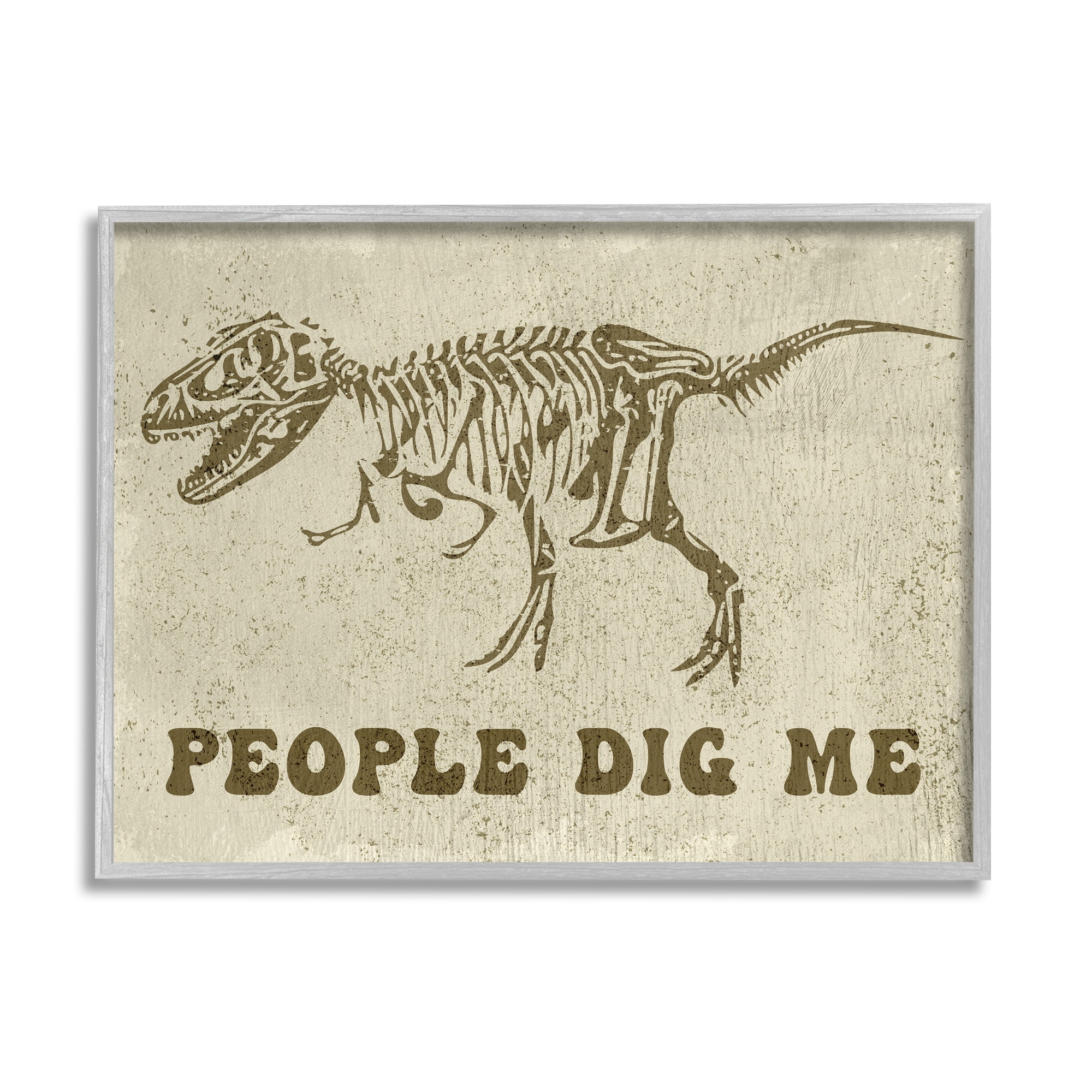 Stupell Industries People Dig Me Funny Phrase T-Rex Dinosaur Skeleton Animals & Insects Painting Gray Framed Art Print Wall Art, 16 x 20