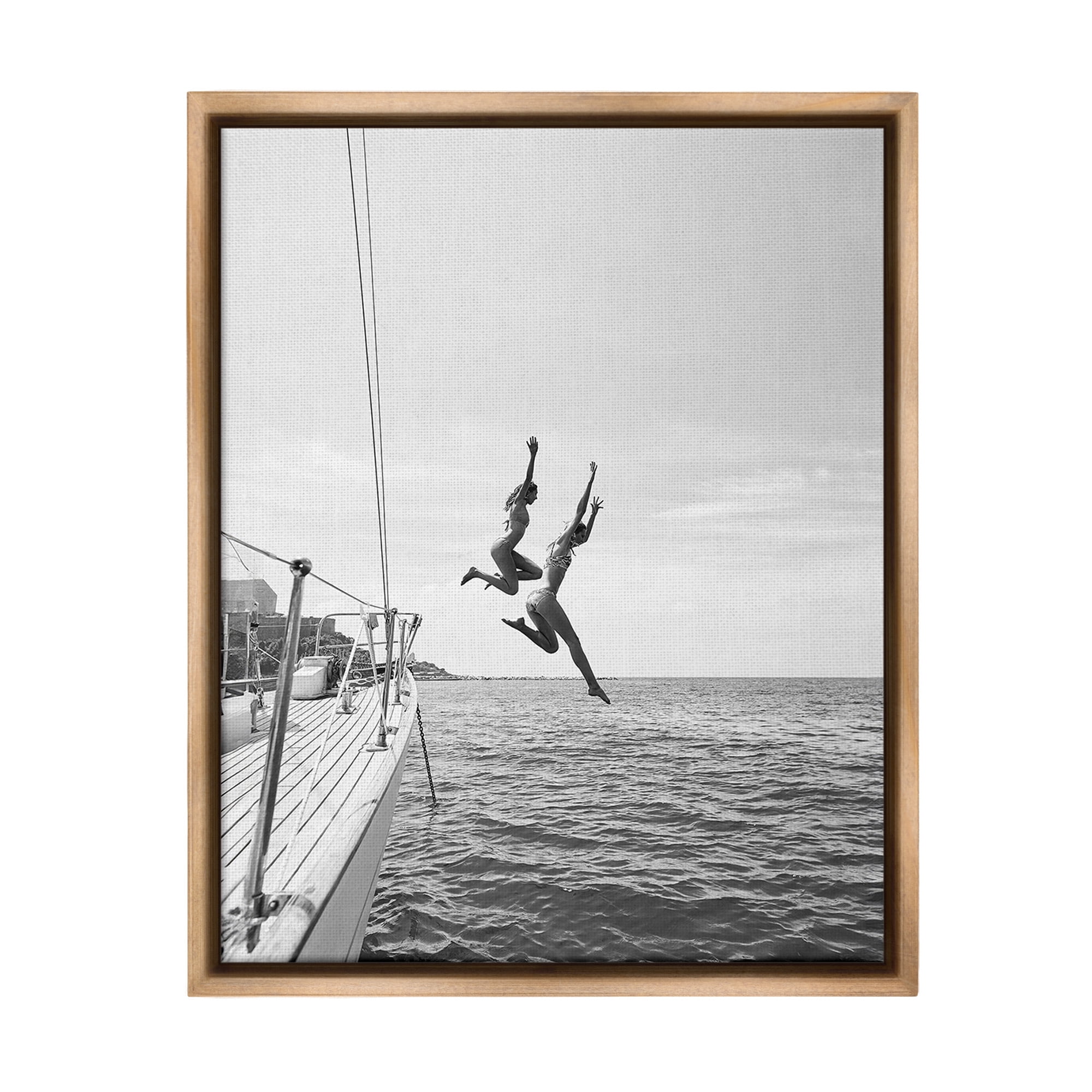 Stupell Industries People Diving from Boat Transportation Photography Brown Floater Framed Canvas Art Print Wall Art, 25 x 31