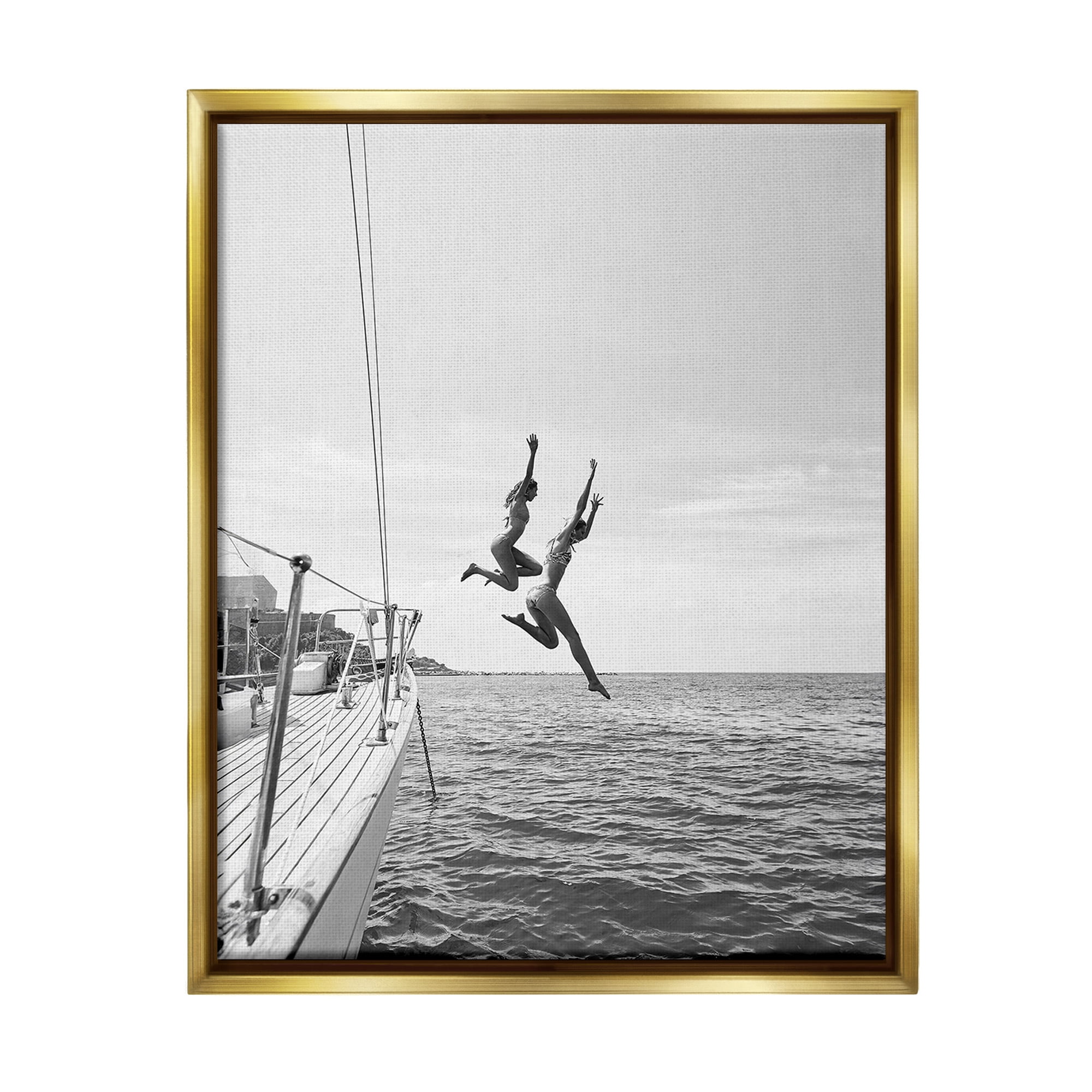 Stupell Industries People Diving from Boat Transportation Photography Gold Floater Framed Canvas Art Print Wall Art, 25 x 31