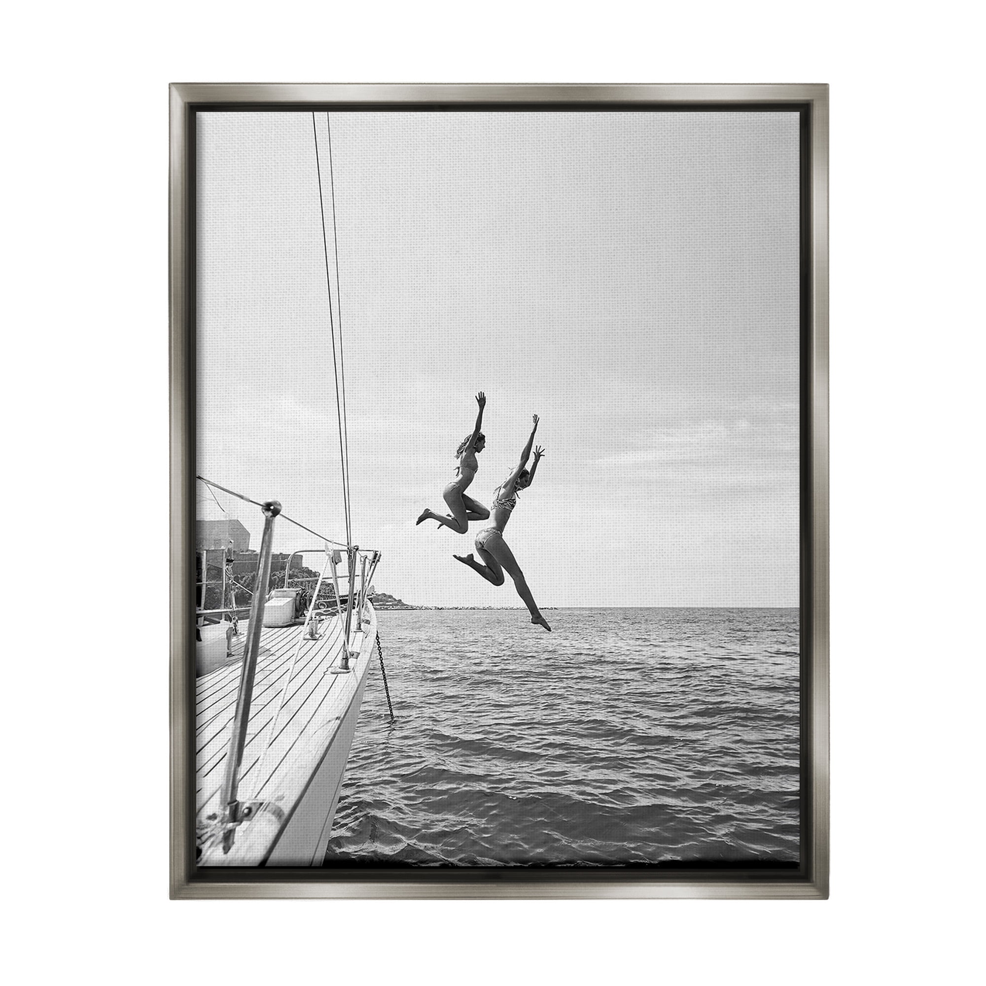 Stupell Industries People Diving from Boat Transportation Photography Gray Floater Framed Canvas Art Print Wall Art, 17 x 21
