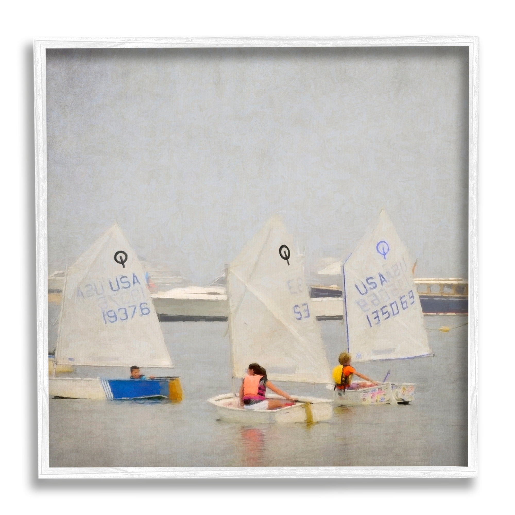 Stupell Industries People Floating Dinghy Boats Watercraft Ocean Scenery Painting White Framed Art Print Wall Art, Design by Graffitee Studios