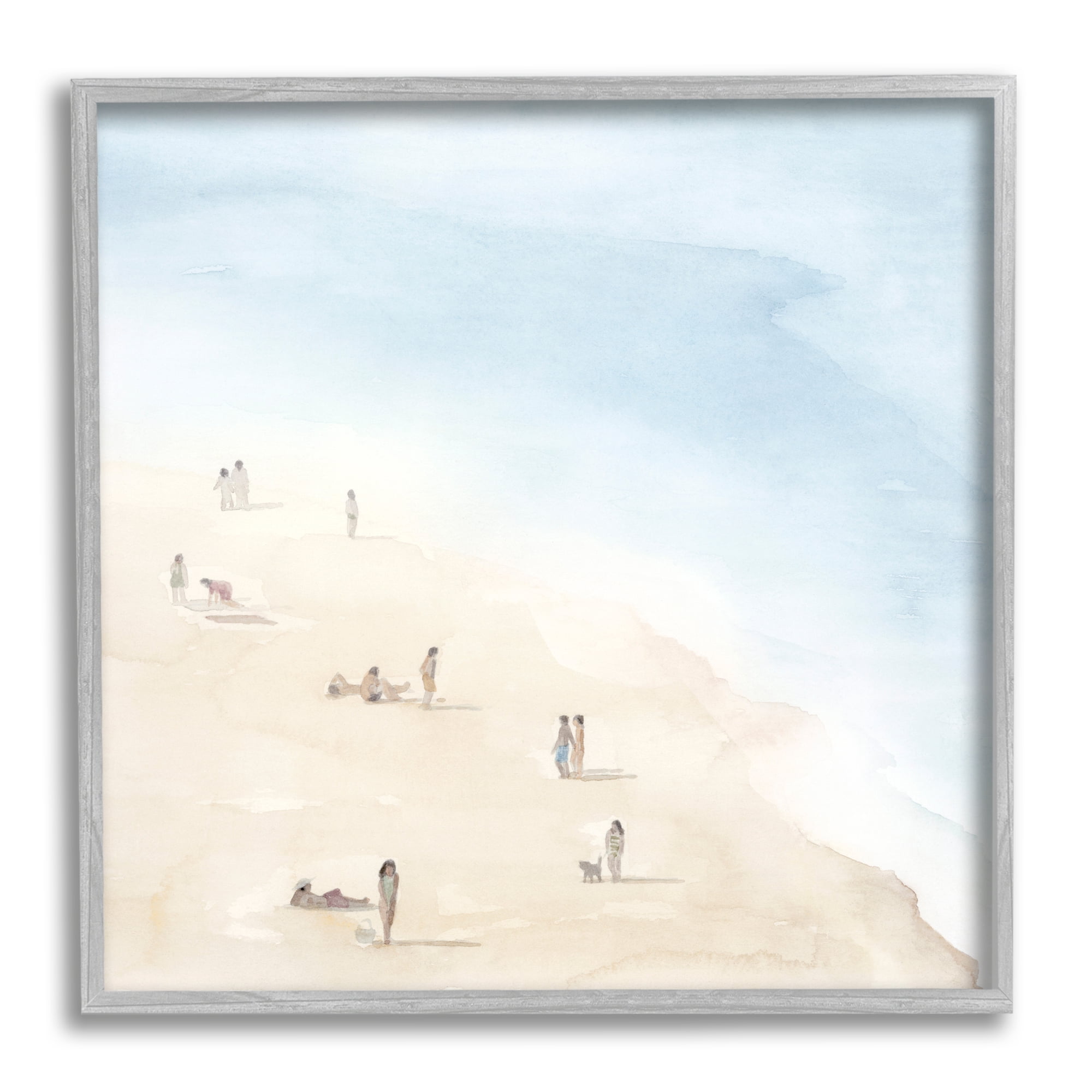 Stupell Industries People Lounging at Beach Soft Blue Coastal Landscape Coastal Painting Gray Framed Art Print Wall Art, 24 x 24, Design by Grace Popp