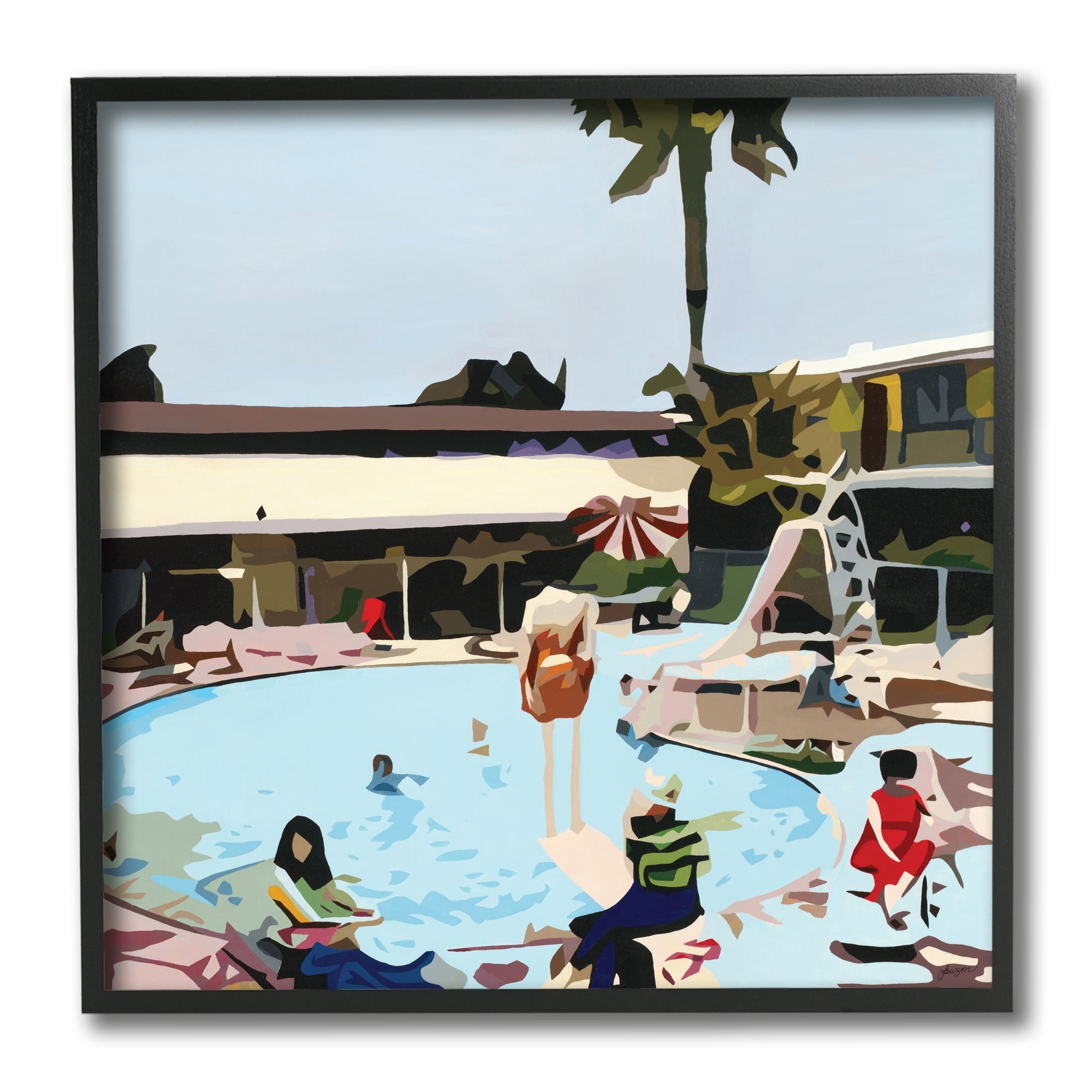 Stupell Industries People Lounging at Pool Party Tropical Scenery Nature Painting Black Framed Art Print Wall Art, 12 x 12