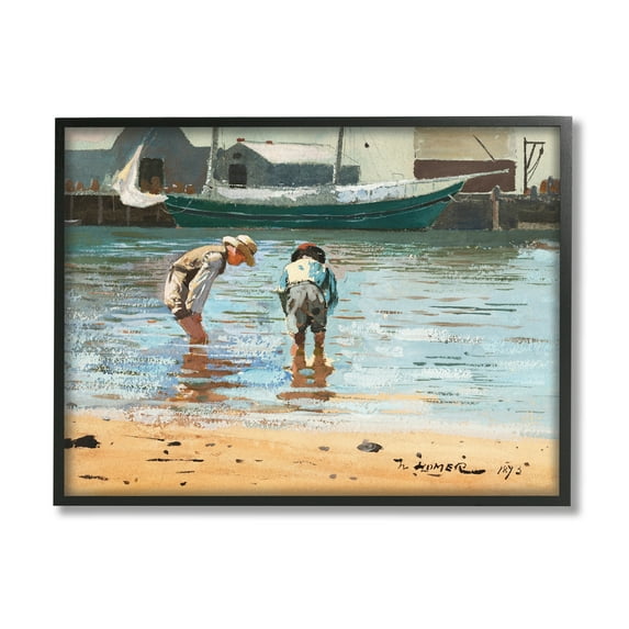 Stupell Industries People Shoreline Beach Marina Searching Sea Life Painting Black Framed Art Print Wall Art, Design by Lettered and Lined