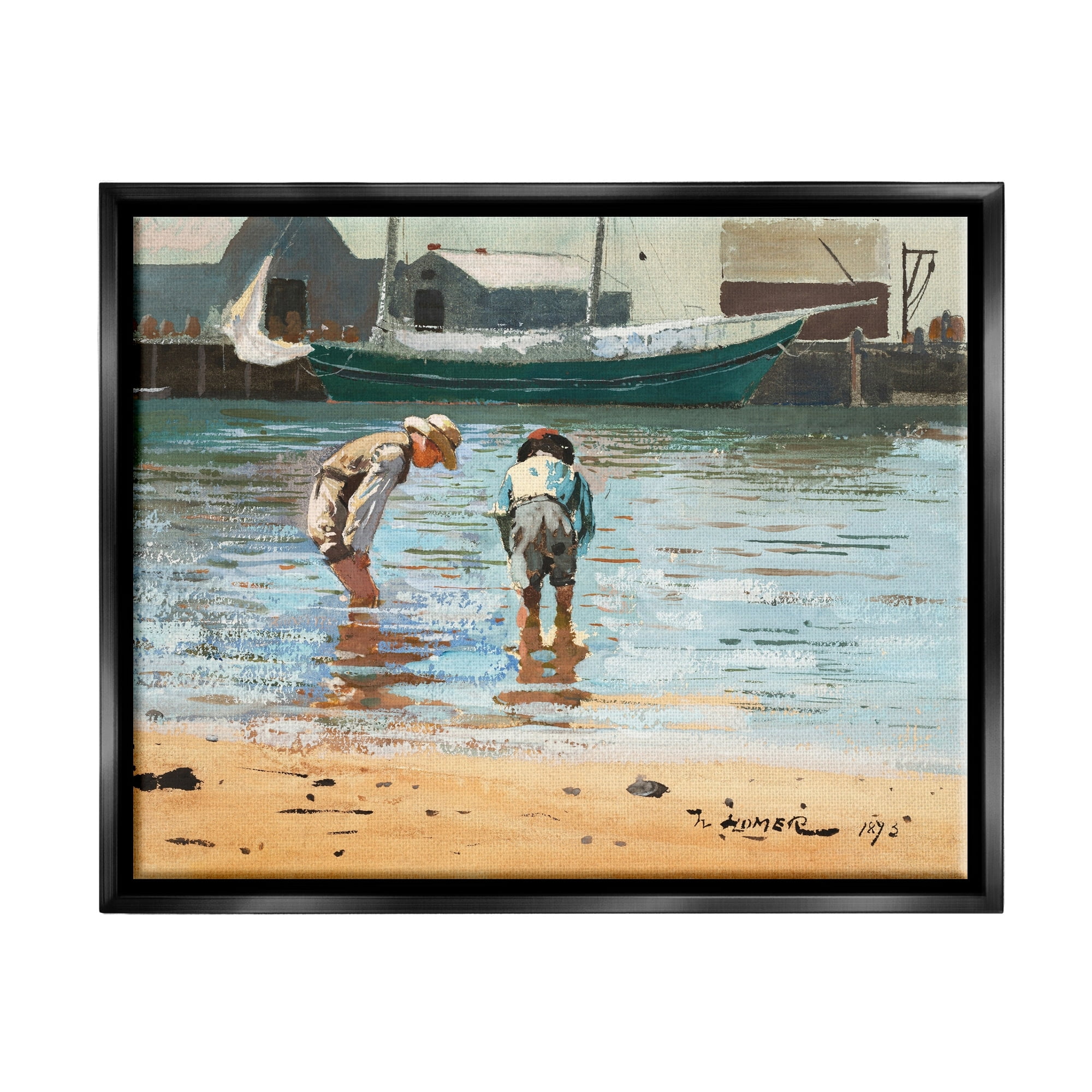 Stupell Industries People Shoreline Beach Marina Searching Sea Life Painting Jet Black Floating Framed Canvas Print Wall Art, Design by Lettered and Lined