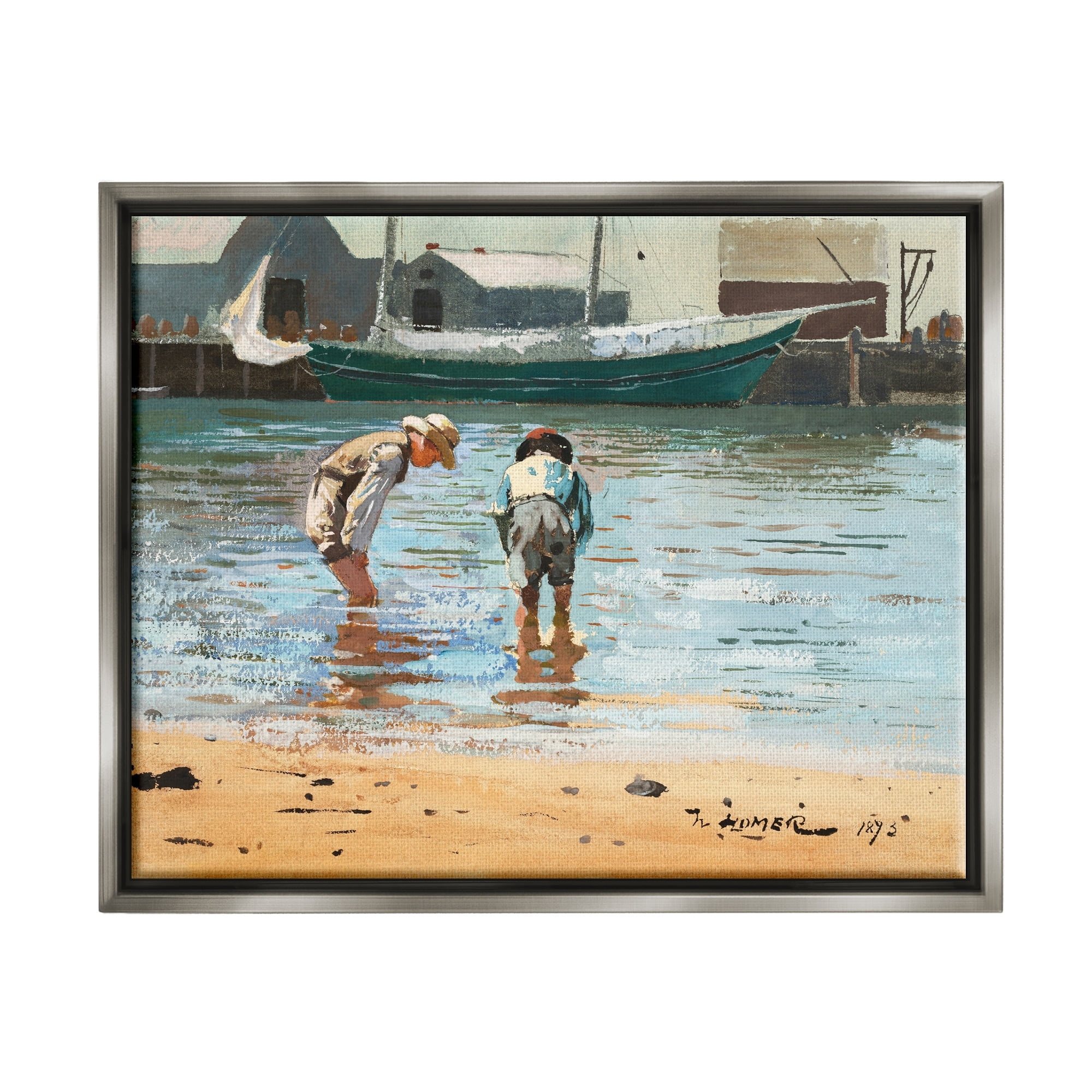 Stupell Industries People Shoreline Beach Marina Searching Sea Life Painting Luster Gray Floating Framed Canvas Print Wall Art, Design by Lettered and Lined