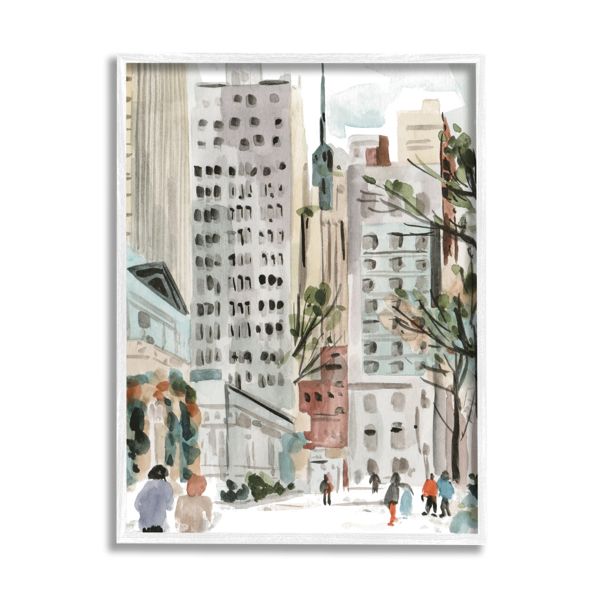 Stupell Industries People Walking City Streets Tall Metropolis Buildings Paintings White Framed Art Print Wall Art, 24x30, by Melissa Wang