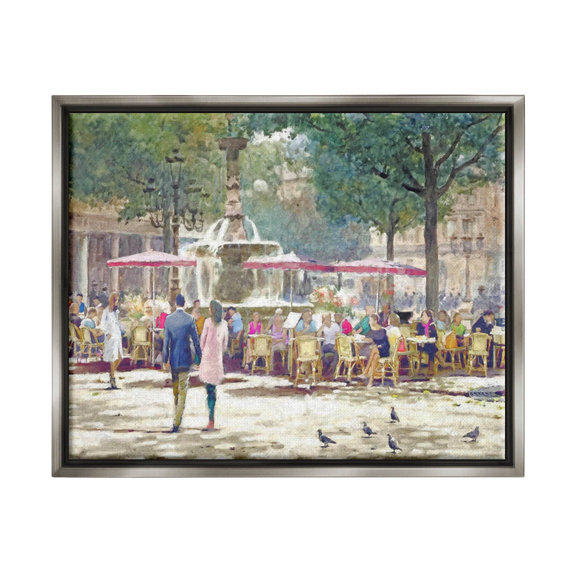 Stupell Industries People at Parisian Cafe Town & City Painting Gray Floater Framed Canvas Art Print Wall Art, 21 x 17