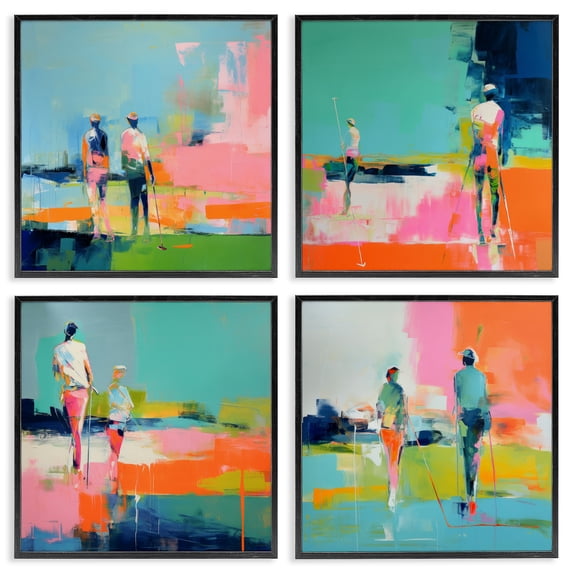 Stupell Industries People on Golf Course People Painting Black Framed Art Print Wall Art, 12 x 12, Set of 4