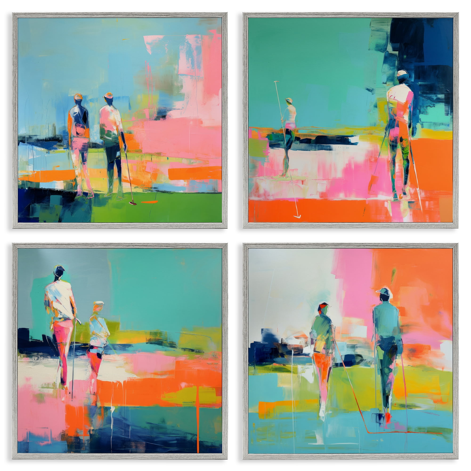 Stupell Industries People on Golf Course People Painting Gray Framed Art Print Wall Art, 12 x 12, Set of 4