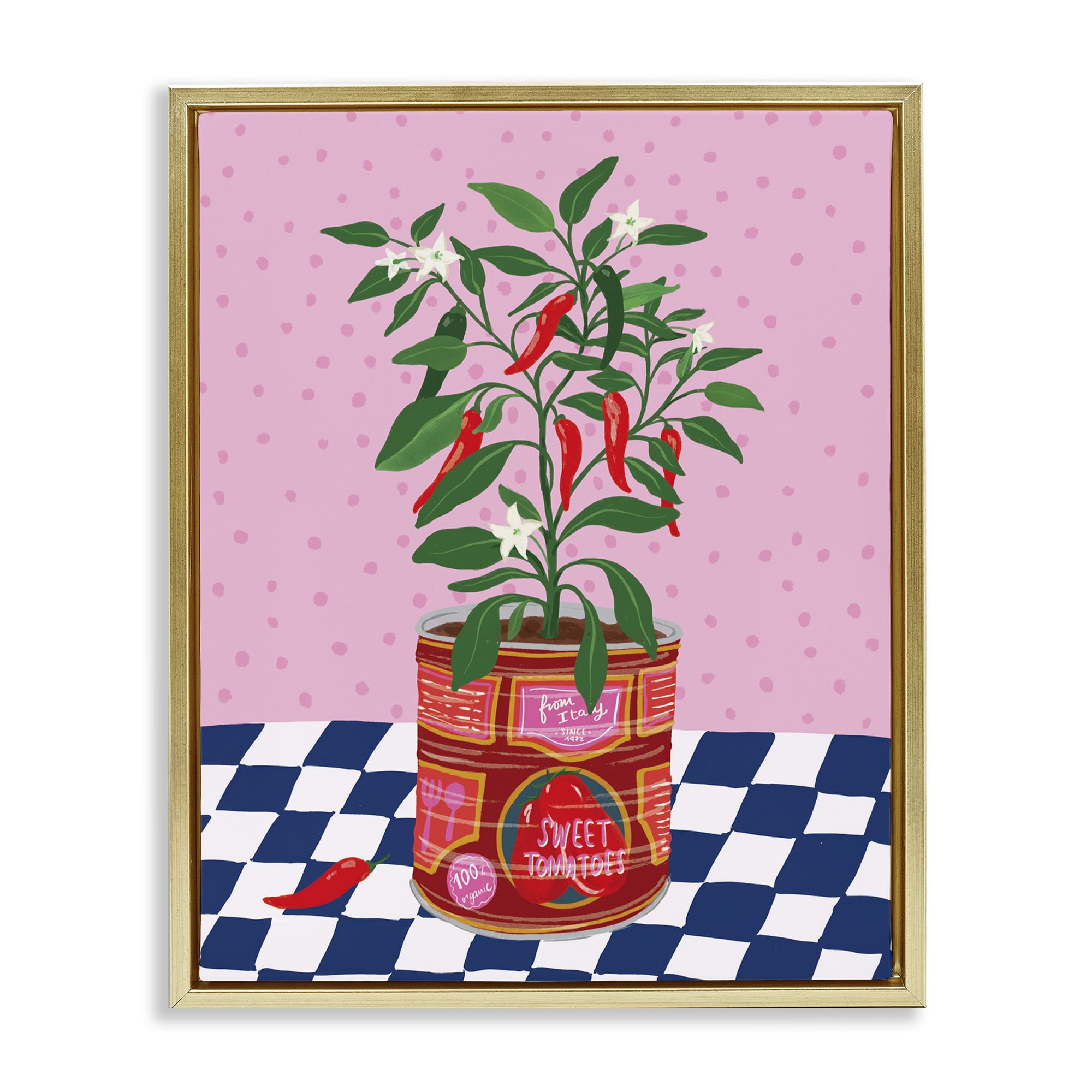 Stupell Industries Pepper Plant in Tin Food & Beverage Painting Gold Floater Framed Canvas Art Print Wall Art, 17 x 21