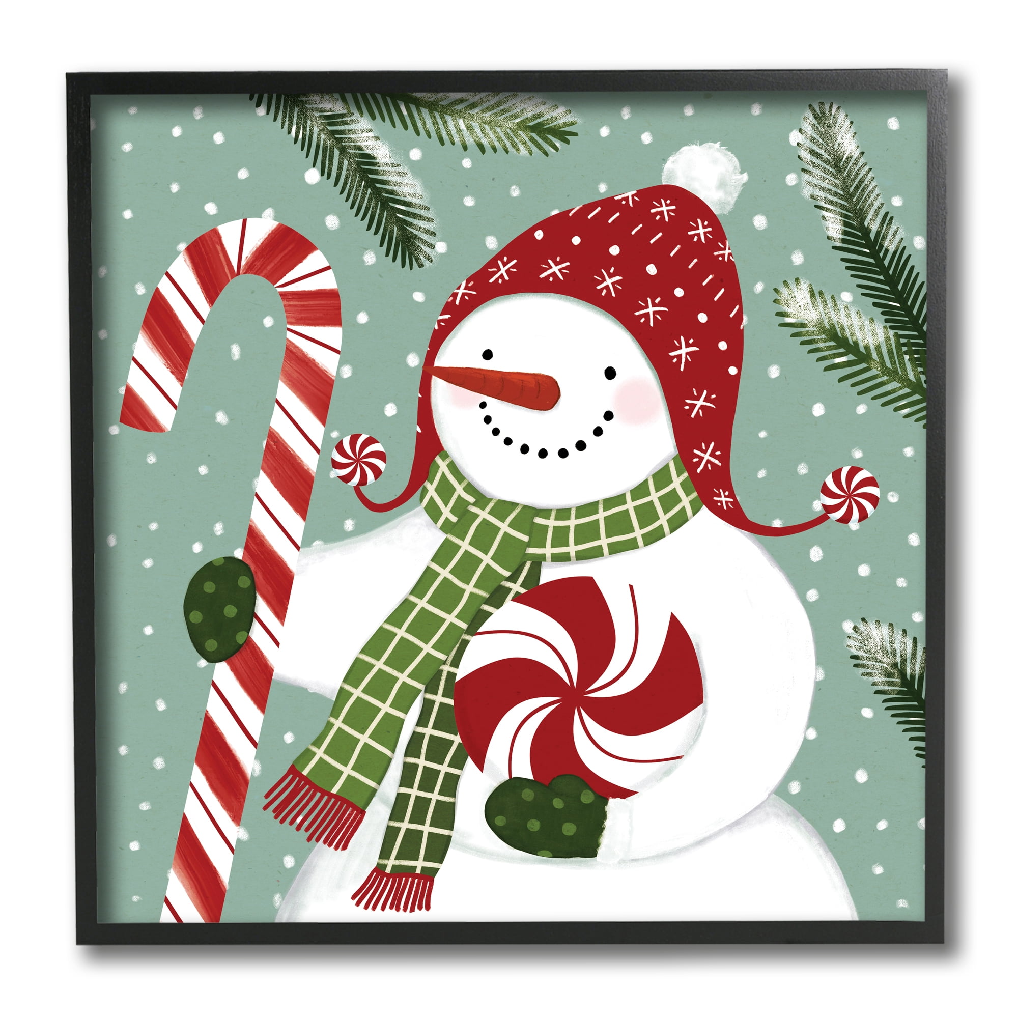 Stupell Industries Peppermint Candy Snowman Green Winter Forest Holiday Painting Black Framed Art Print Wall Art, 12 x 12
