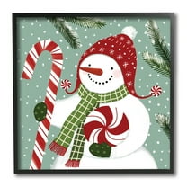 Stupell Industries Peppermint Candy Snowman Green Winter Forest Holiday Painting Black Framed Art Print Wall Art, 12 x 12