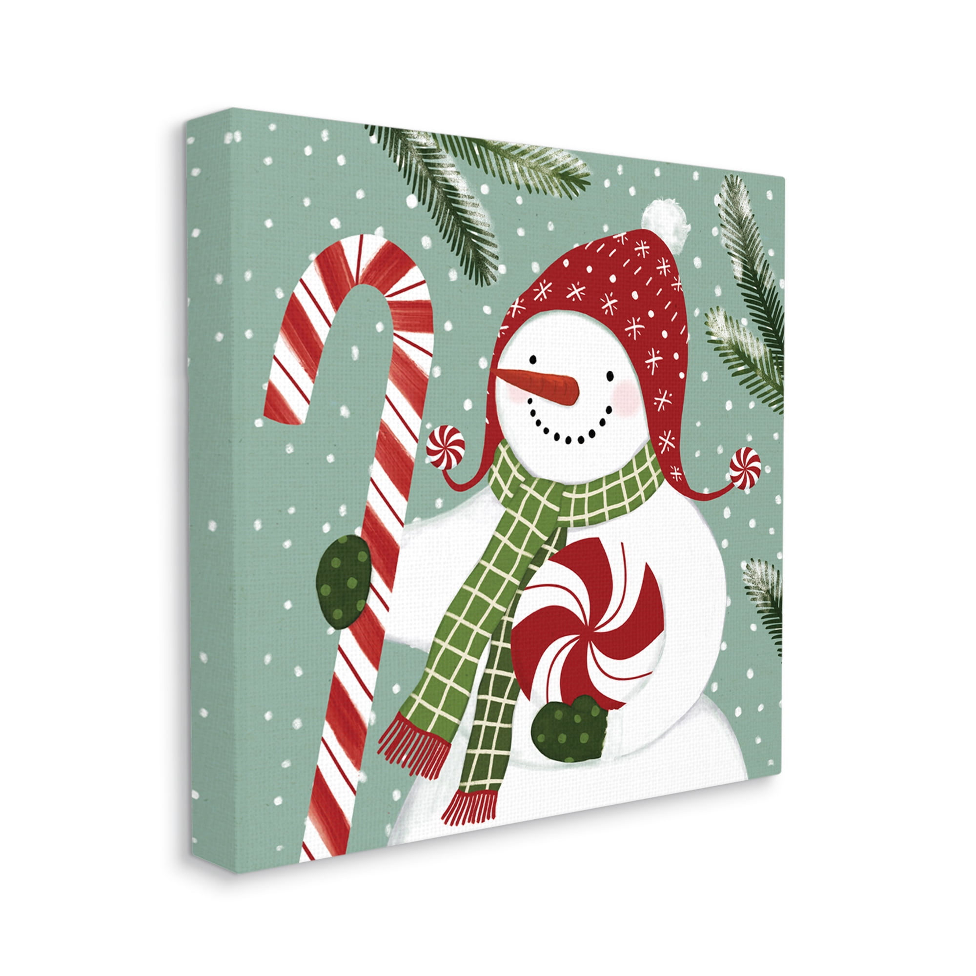 Stupell Industries Peppermint Candy Snowman Green Winter Forest Holiday Painting Gallery Wrapped Canvas Art Print Wall Art, 36 x 36