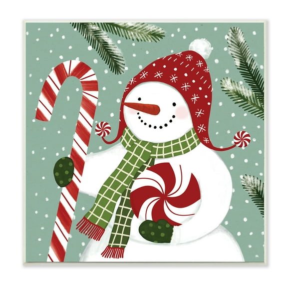 Stupell Industries Peppermint Candy Snowman Green Winter Forest Holiday Painting Unframed Art Print Wall Art, 12 x 12