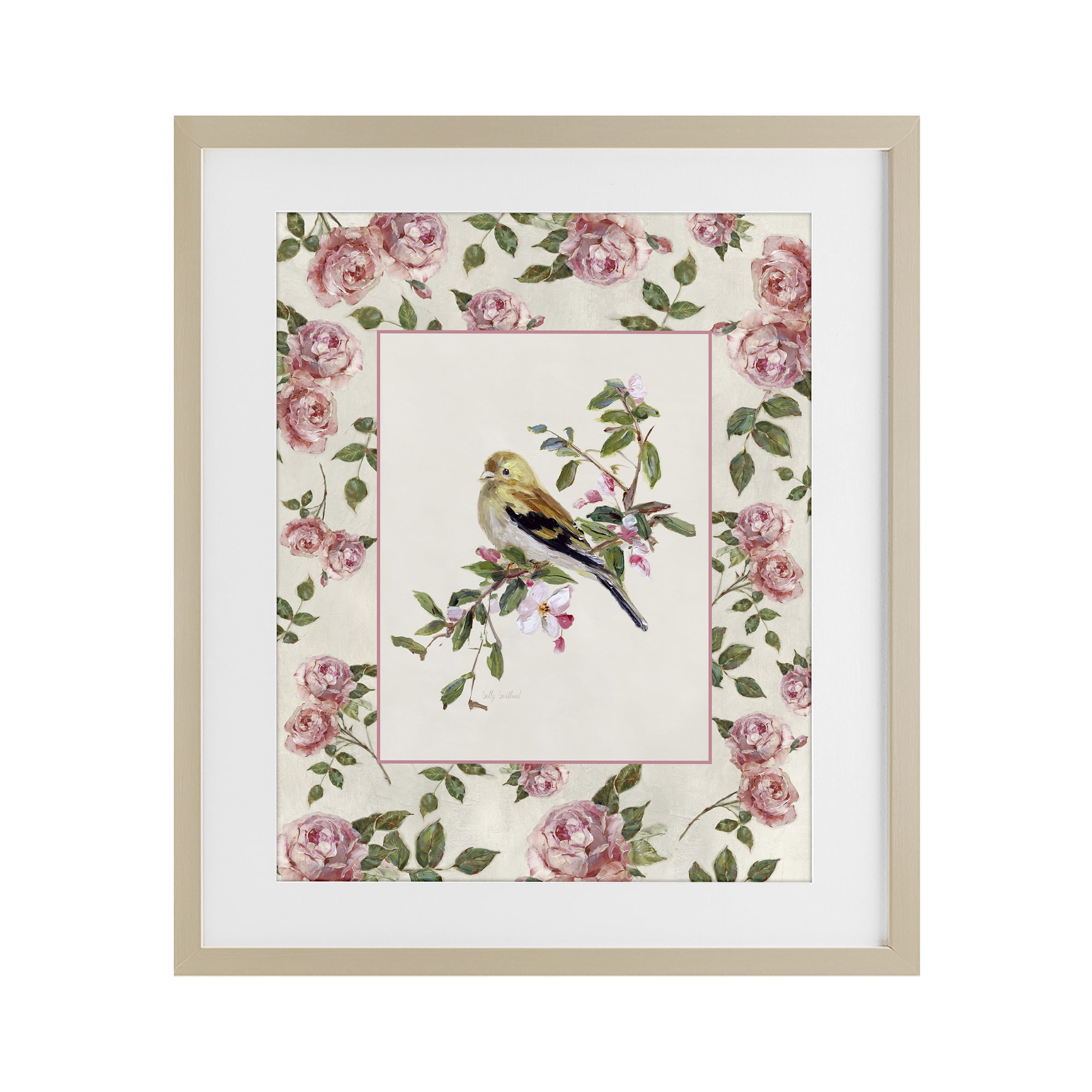 Stupell Industries Perched Bird with Dainty Roses Birch Framed Print Under Glass, design by Sally Swatland