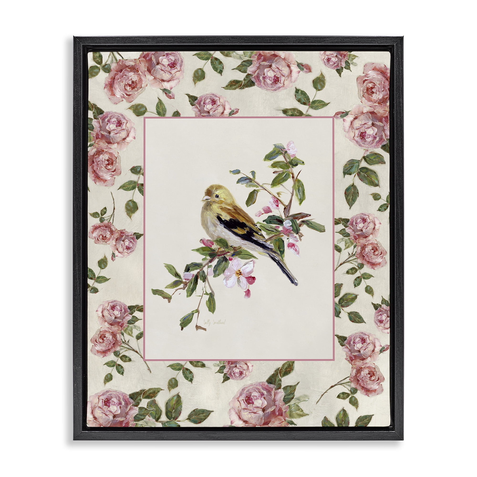 Stupell Industries Perched Bird with Dainty Roses Black Framed Floater Canvas Wall Art, design by Sally Swatland
