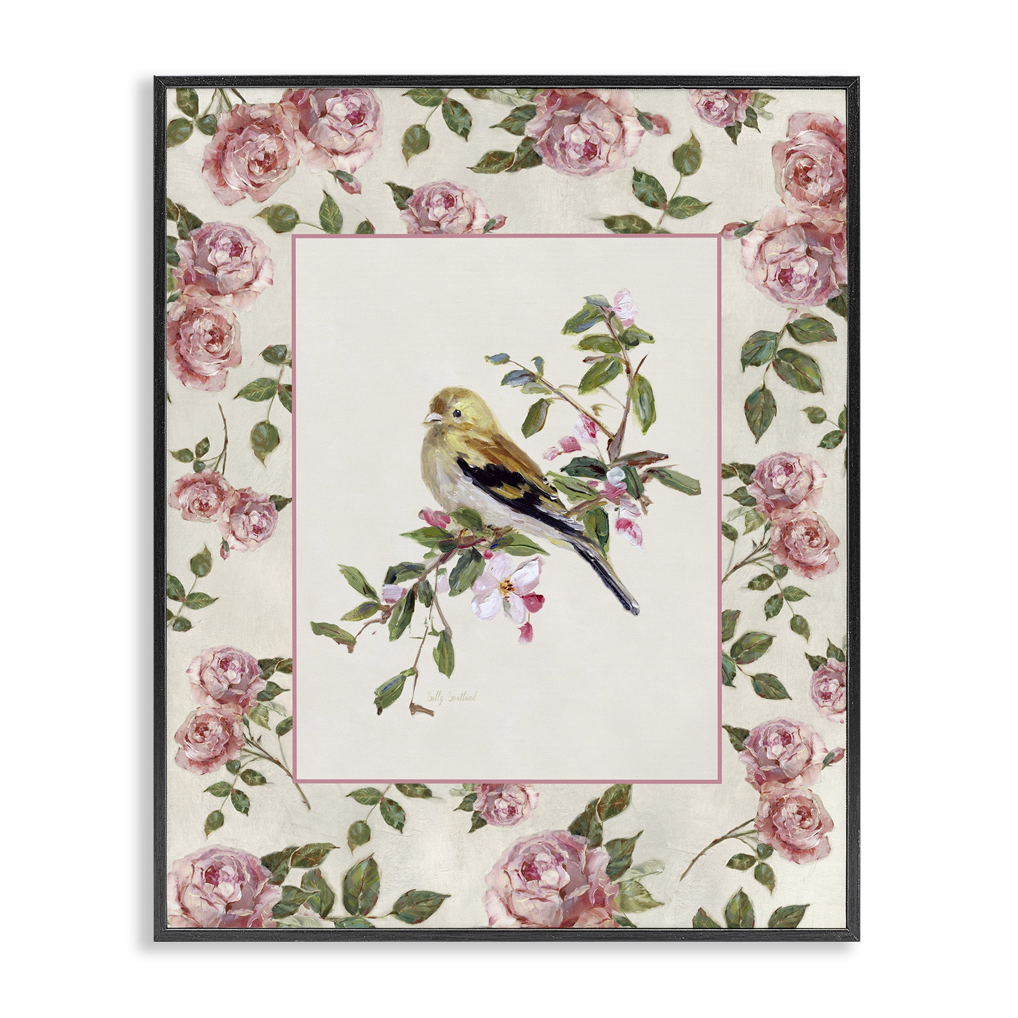Stupell Industries Perched Bird with Dainty Roses Black Framed Giclee Art, design by Sally Swatland