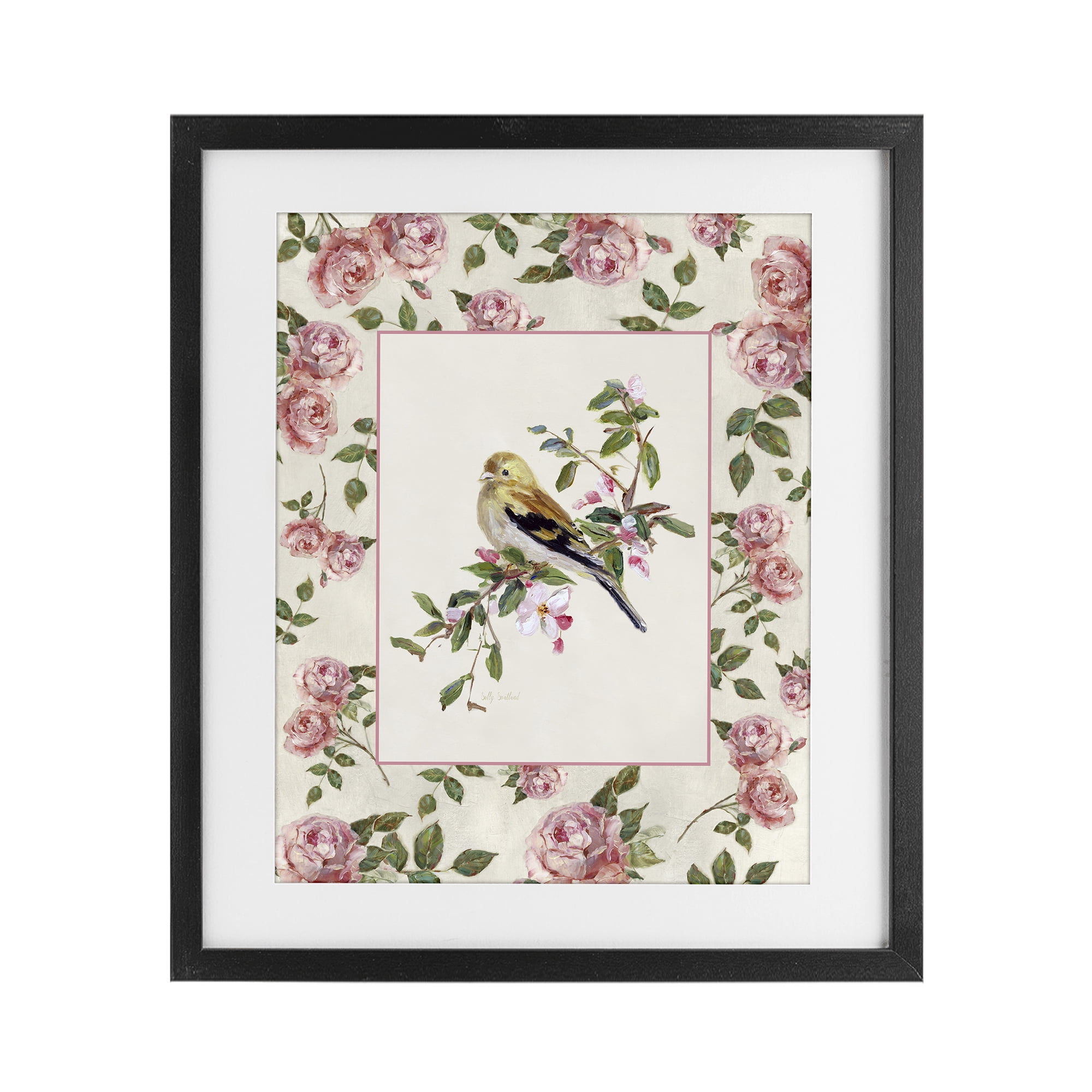 Stupell Industries Perched Bird with Dainty Roses Black Framed Print Under Glass, design by Sally Swatland