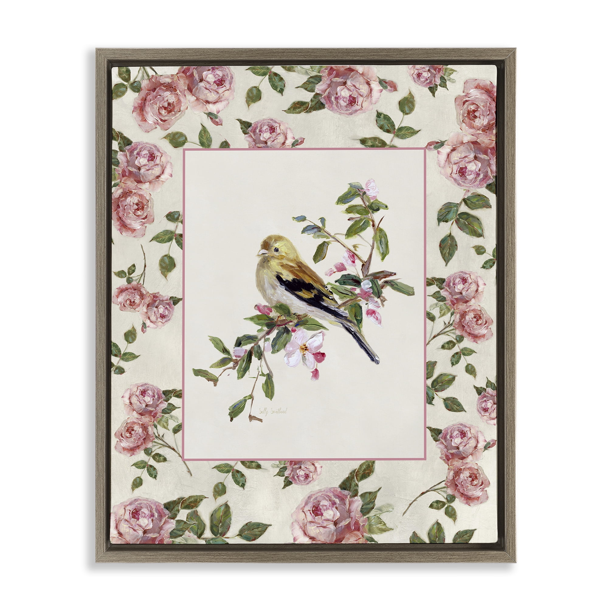 Stupell Industries Perched Bird with Dainty Roses Brown Framed Floater Canvas Wall Art, design by Sally Swatland