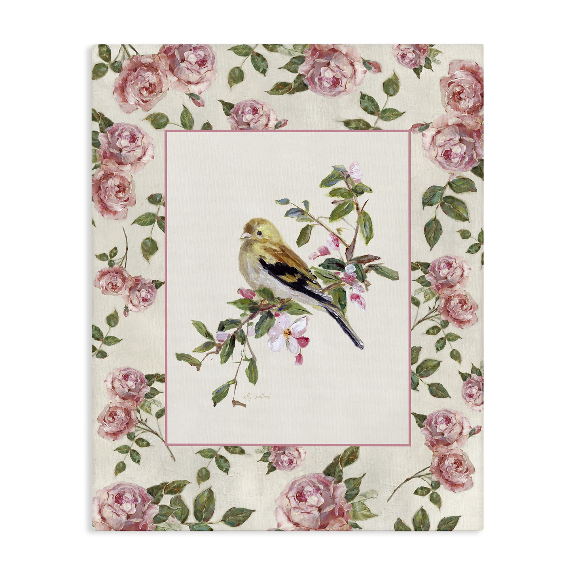 Stupell Industries Perched Bird with Dainty Roses Canvas Wall Art, design by Sally Swatland