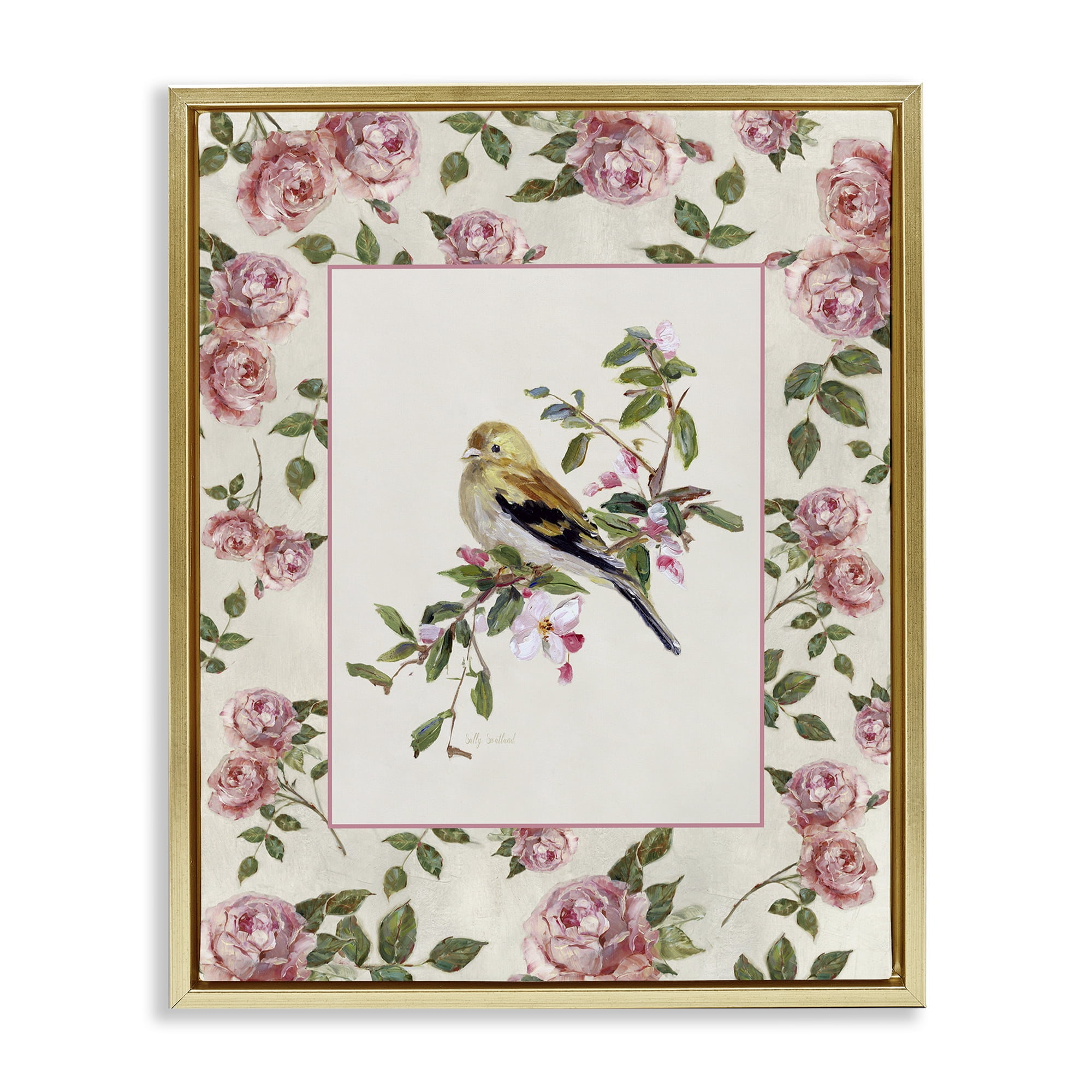 Stupell Industries Perched Bird with Dainty Roses Gold Framed Floater Canvas Wall Art, design by Sally Swatland