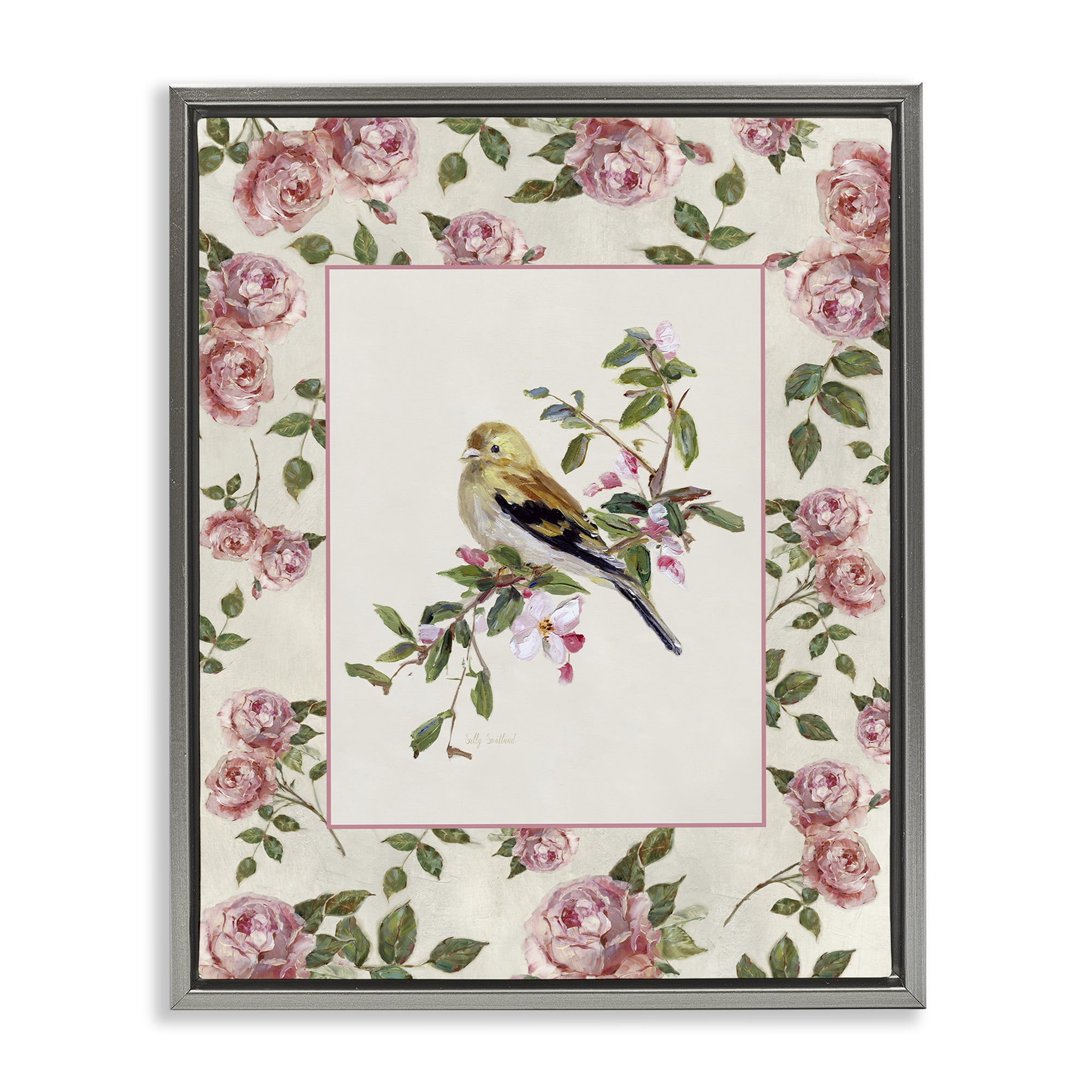 Stupell Industries Perched Bird with Dainty Roses Gray Framed Floater Canvas Wall Art, design by Sally Swatland