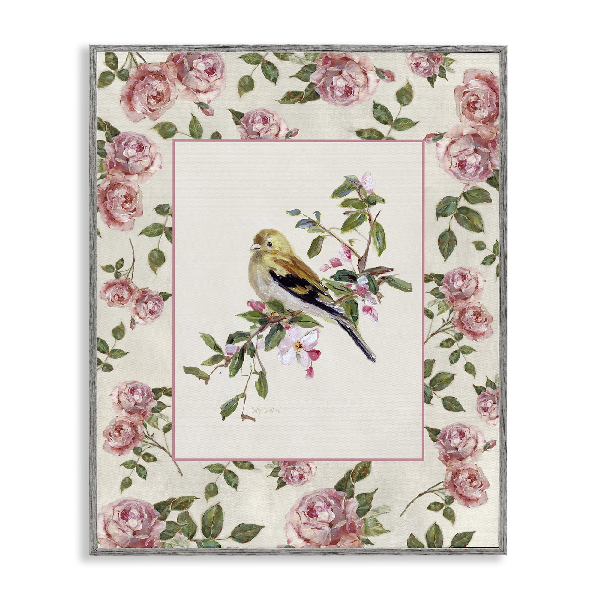 Stupell Industries Perched Bird with Dainty Roses Gray Framed Giclee Art, design by Sally Swatland
