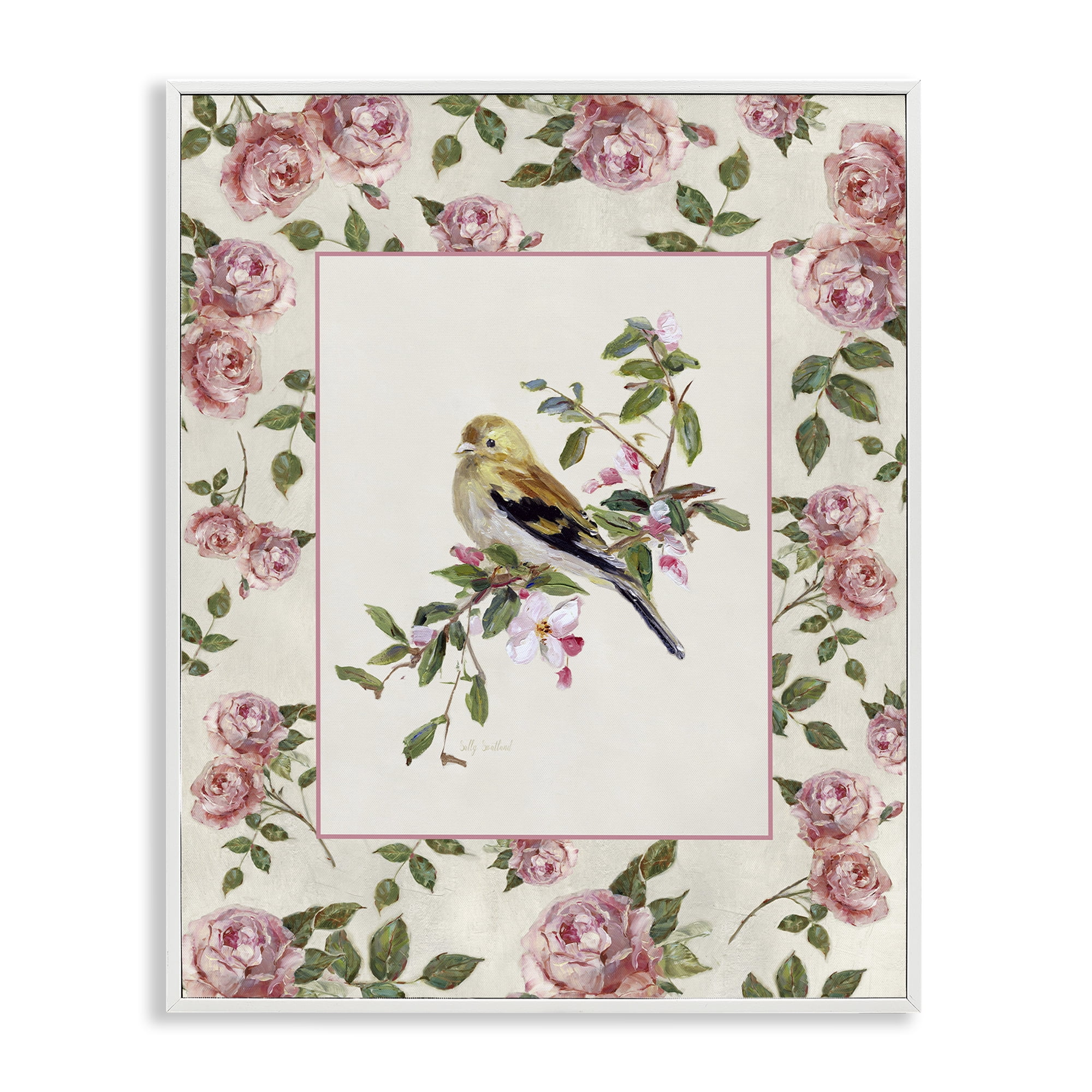 Stupell Industries Perched Bird with Dainty Roses White Framed Giclee Art, design by Sally Swatland