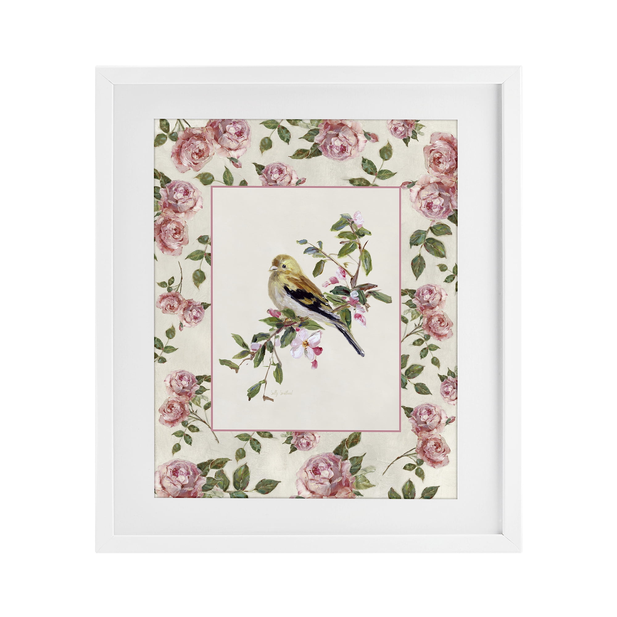 Stupell Industries Perched Bird with Dainty Roses White Framed Print Under Glass, design by Sally Swatland