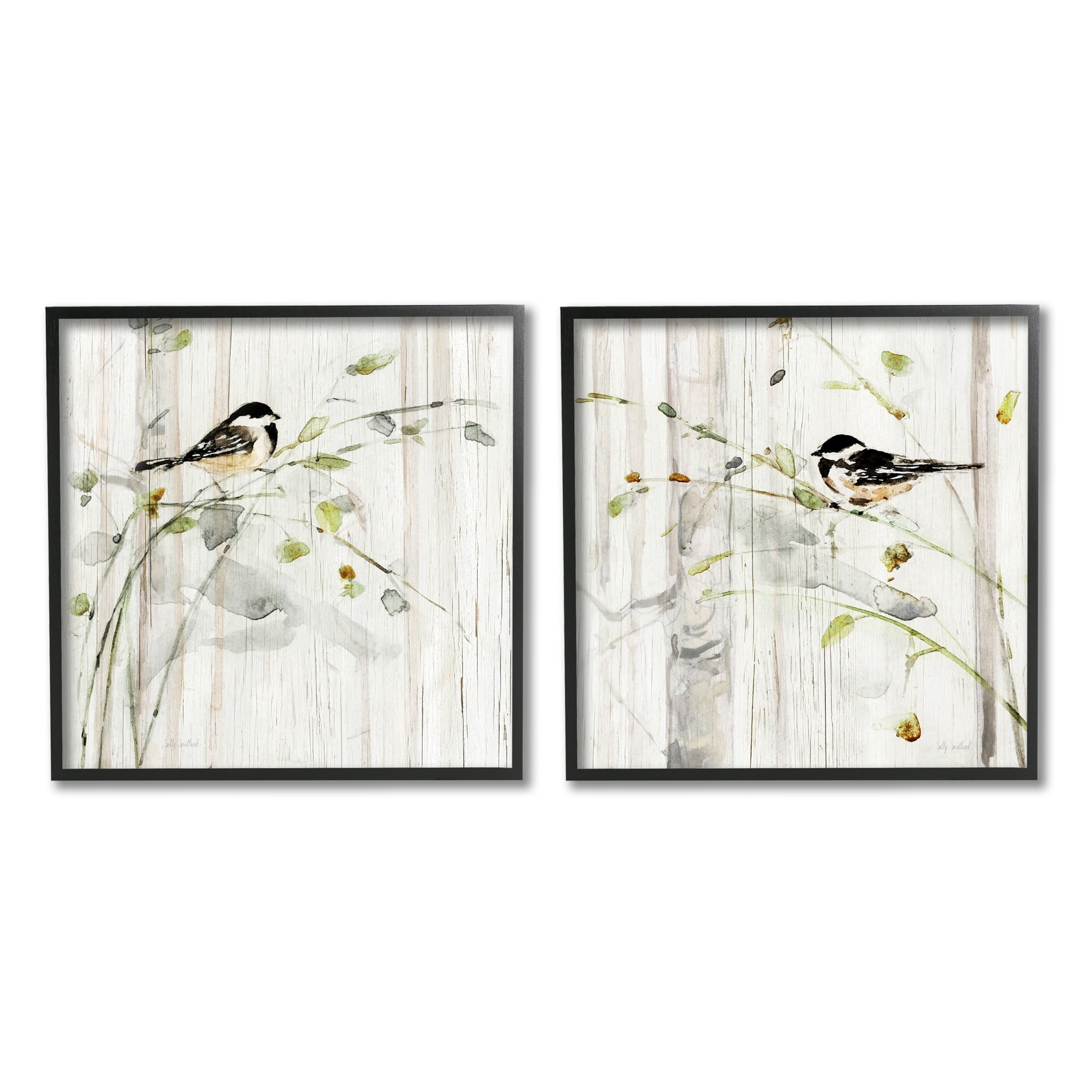 Stupell Industries Perched Birds Country Botanicals Animals & Insects Painting Black Framed Art Print Wall Art, Set of 2