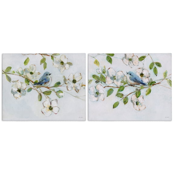 Stupell Industries Perched Bluebirds on Branch Floral Painting Wrapped Canvas Canvas Art Print Wall Art, 20 x 16, Set of 2