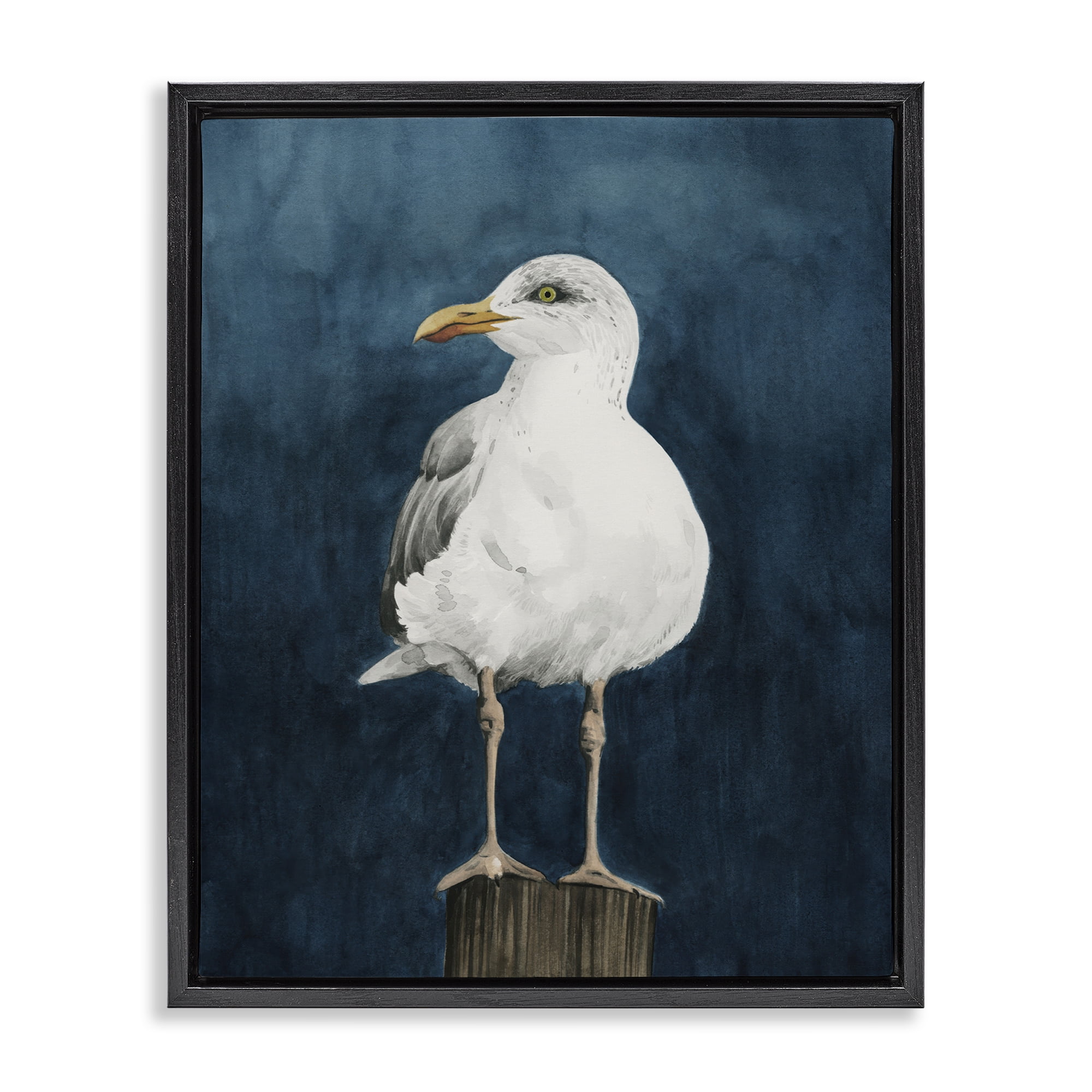 Stupell Industries Perched Coastal Bird Animals Painting Black Floater Framed Canvas Art Print Wall Art, 17 x 21
