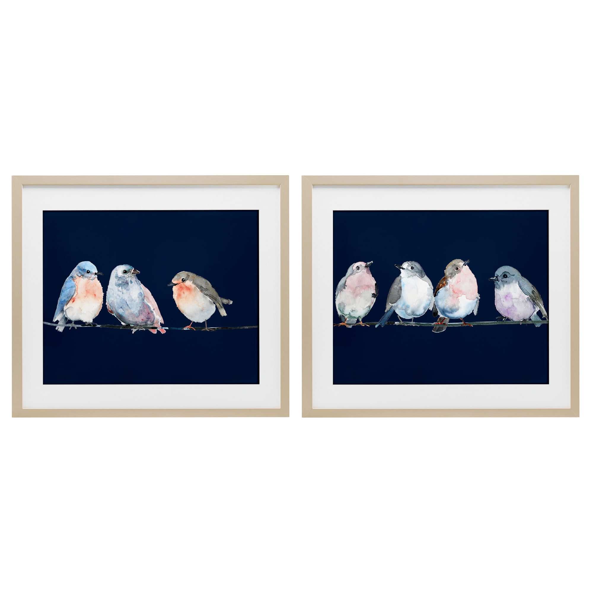 Stupell Industries Perched Navy Toned Birds 2 Piece Birch Framed Print Under Glass Set, design by Lorenzo Collective