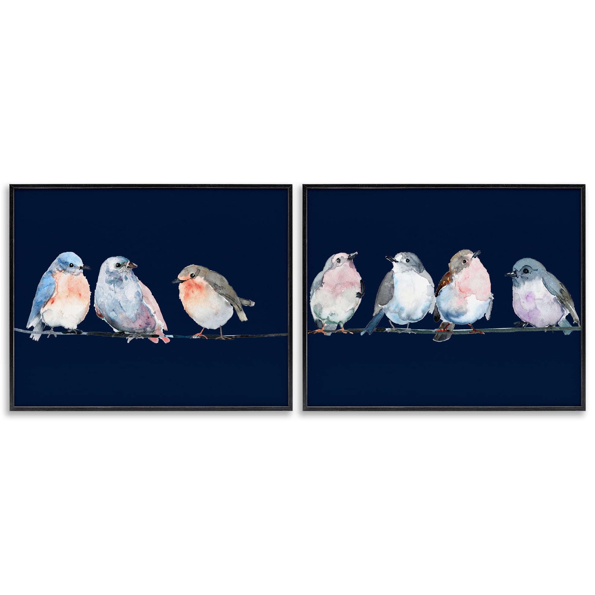 Stupell Industries Perched Navy Toned Birds 2 Piece Black Framed Giclee Art Set, design by Lorenzo Collective