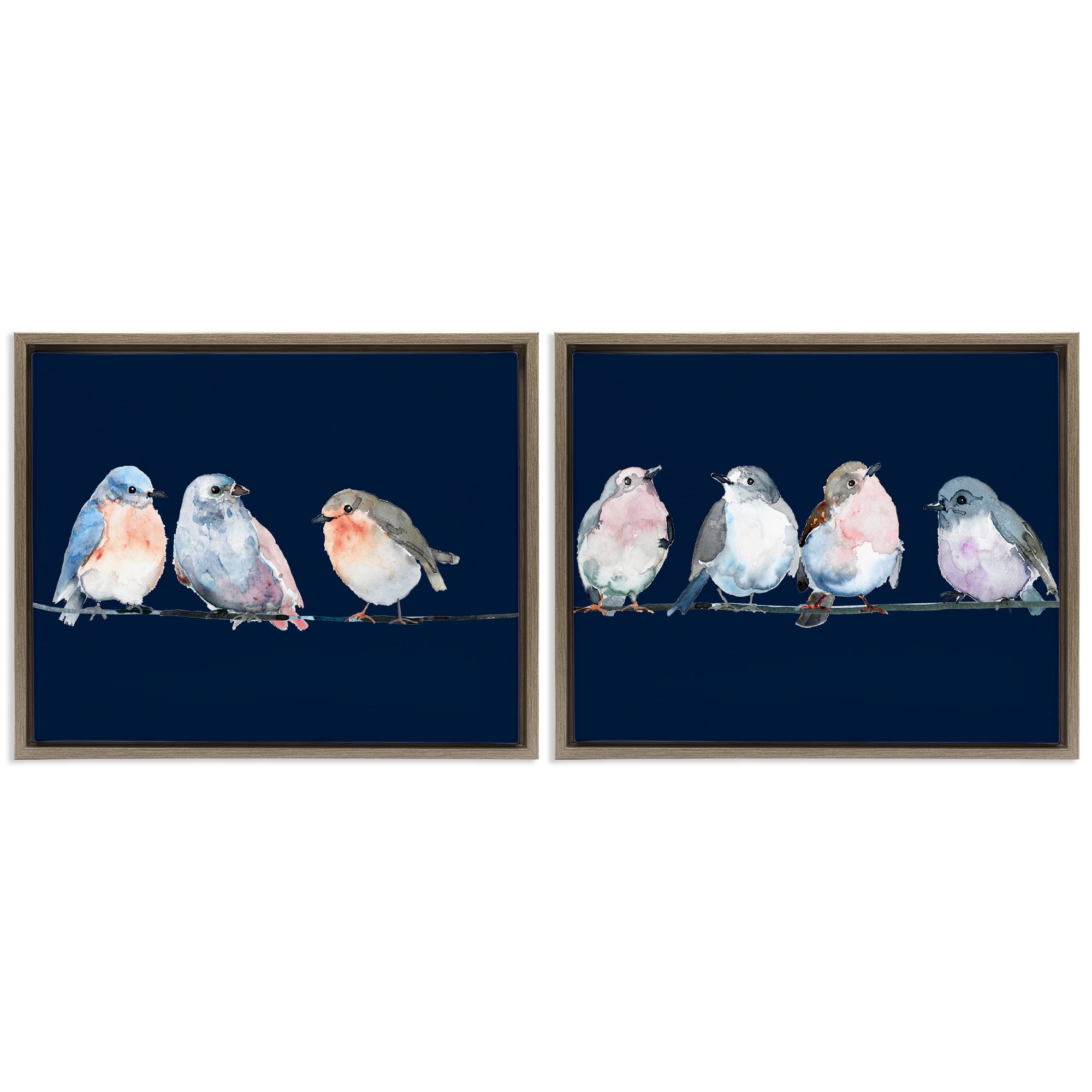 Stupell Industries Perched Navy Toned Birds 2 Piece Brown Framed Floater Canvas Set, design by Lorenzo Collective