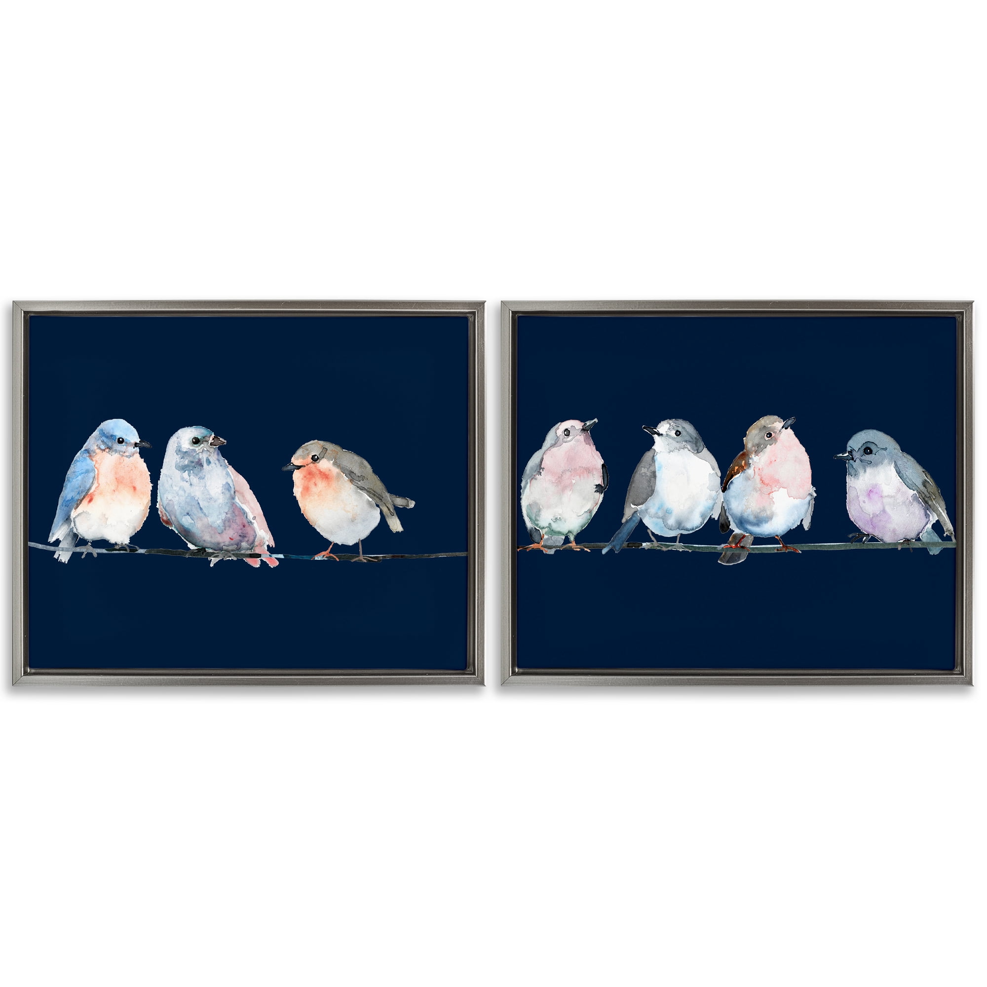 Stupell Industries Perched Navy Toned Birds 2 Piece Gray Framed Floater Canvas Set, design by Lorenzo Collective