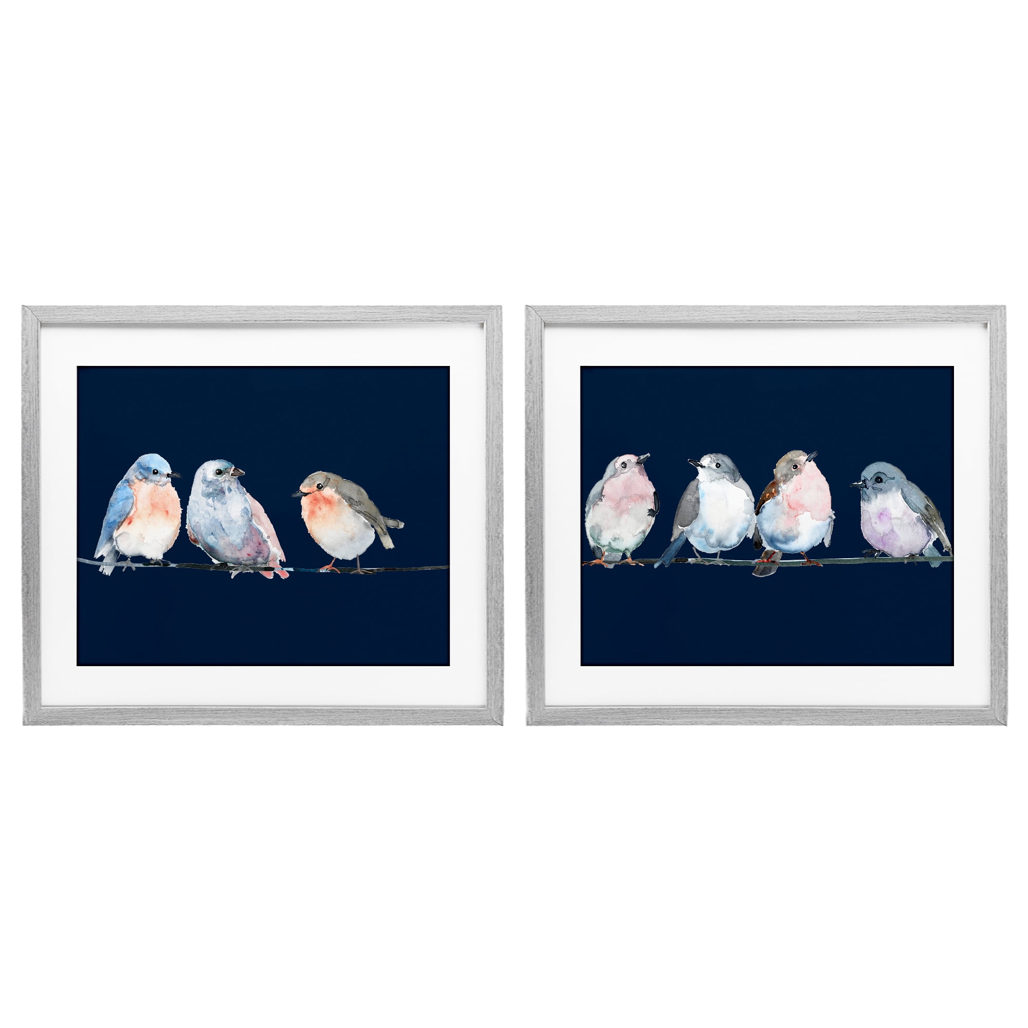Stupell Industries Perched Navy Toned Birds 2 Piece Gray Framed Print Under Glass Set, design by Lorenzo Collective