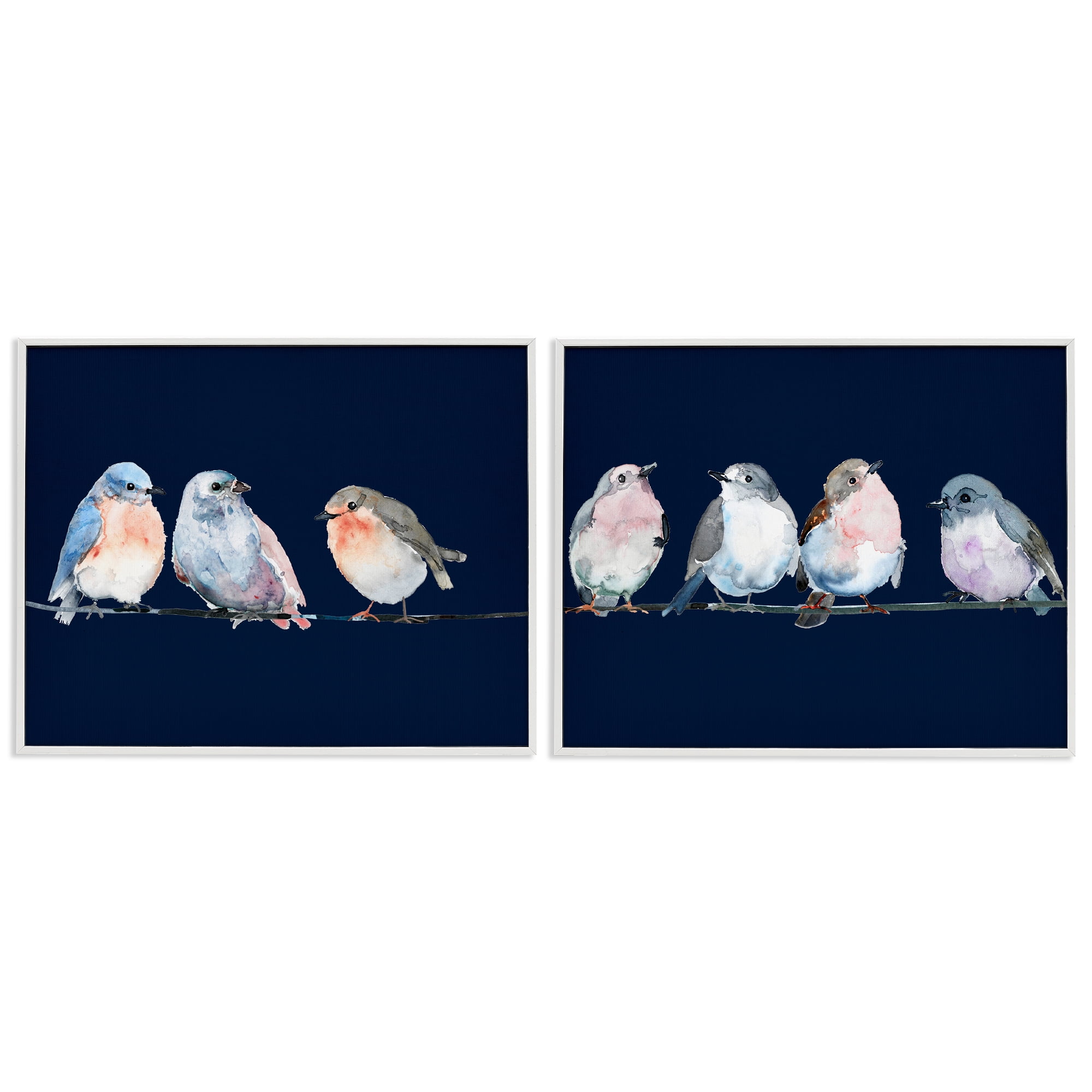 Stupell Industries Perched Navy Toned Birds 2 Piece White Framed Giclee Art Set, design by Lorenzo Collective