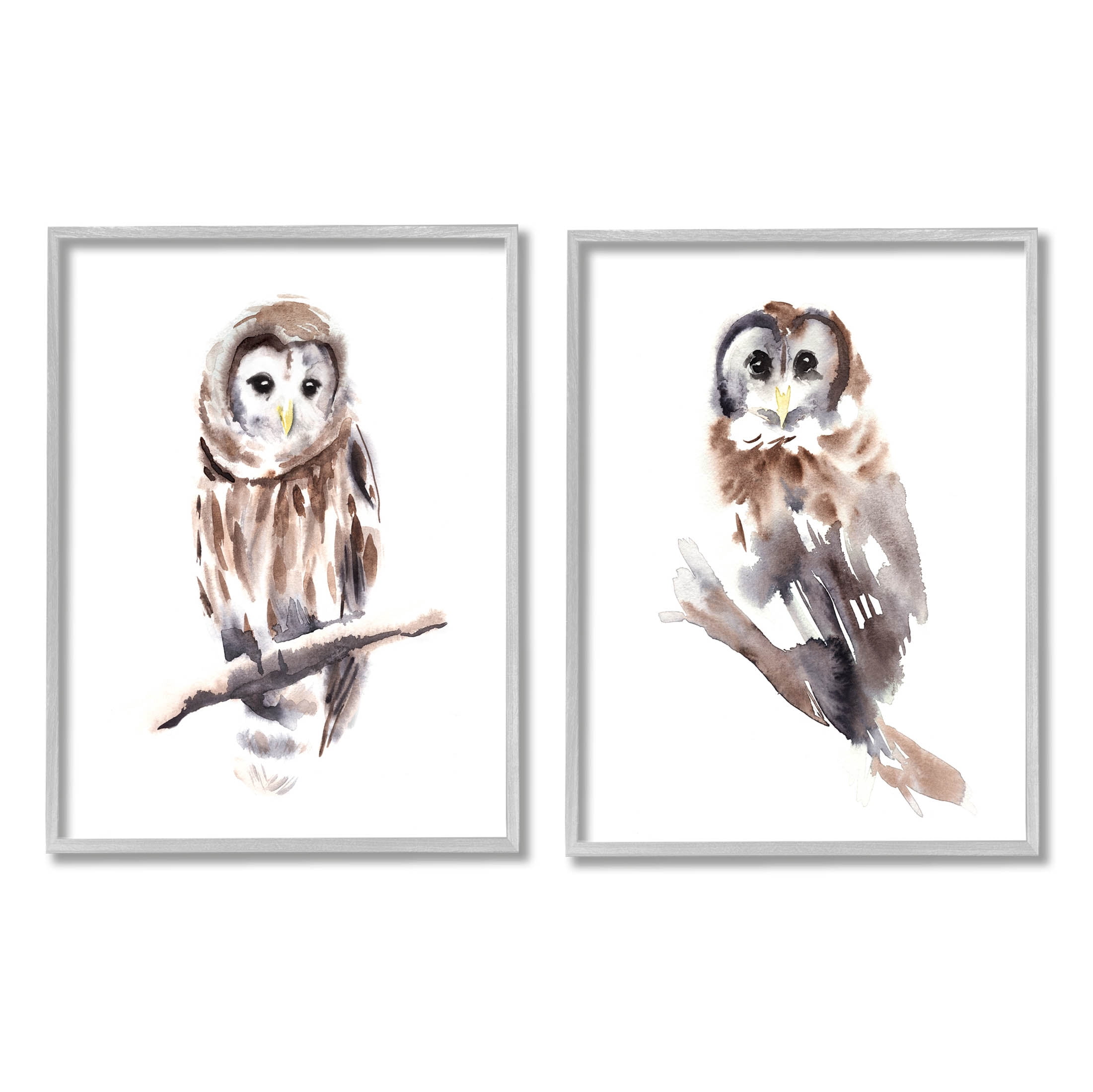 Stupell Industries Perched Owl Wildlife Portrait Painting Gray Framed Art Print Wall Art, Set of 2, Design by Annie Warren